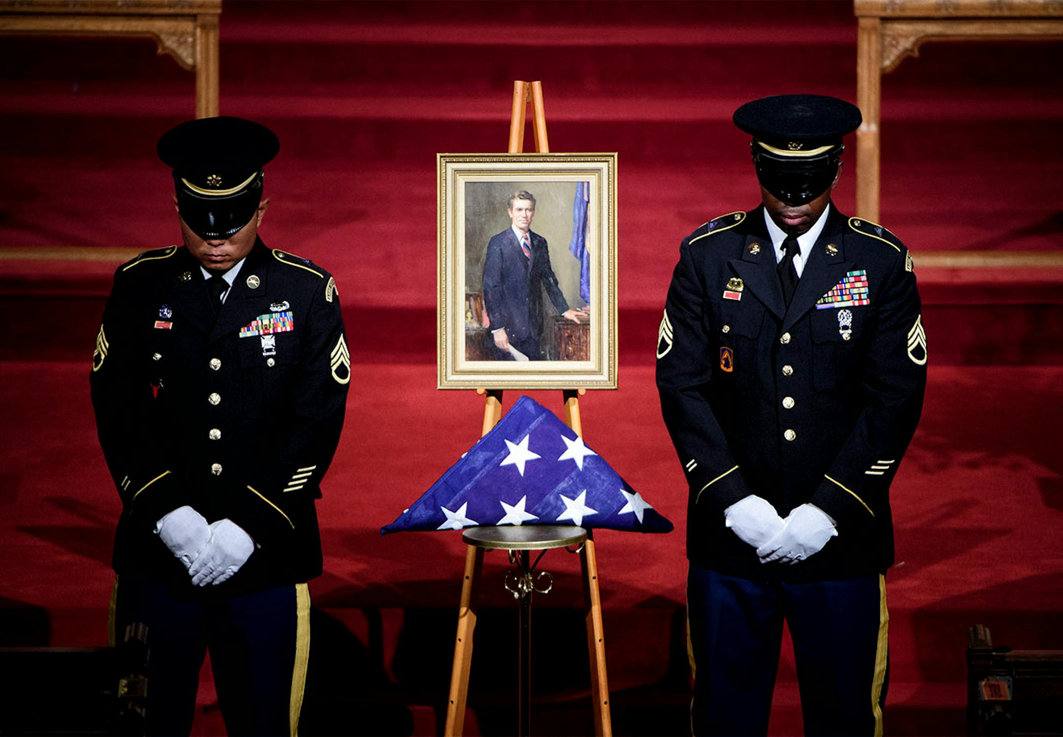 Members of the Minnesota National Guard Honor Guard stand watch at the visitation for former Gov. Wendell Anderson's funeral, Monday at Mount Olivet Lutheran Church, Minneapolis.