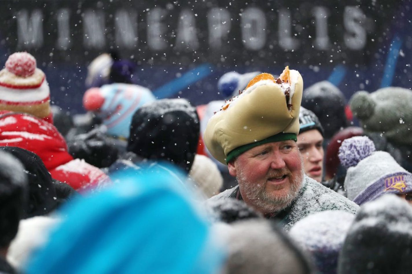 Philadelphia Eagles fan Mike Toy of Bloomington, Del. wore a Philly Cheesesteak hat as he walked Nicollet Mall Saturday.