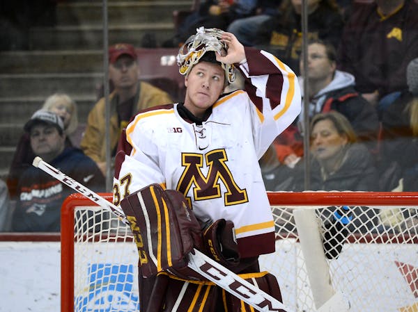 Minnesota Golden Gophers goalie Eric Schierhorn (37) looked up in frustration at the replay board after allowing a tying goal in the second period aga