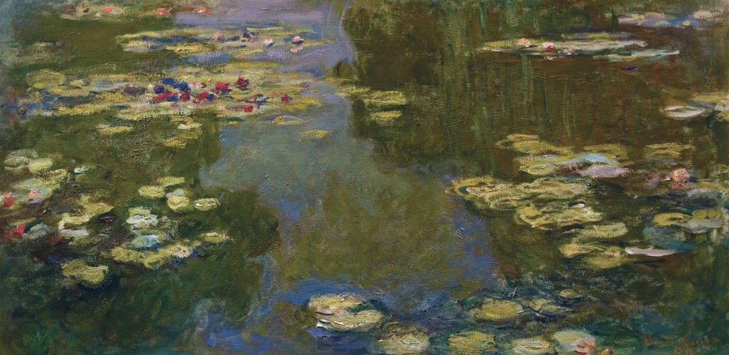 Claude Monet used streaks of blue to suggest the sky reflected in his waterlily pond in his 1919 painting "Le bassin aux nymphéas."