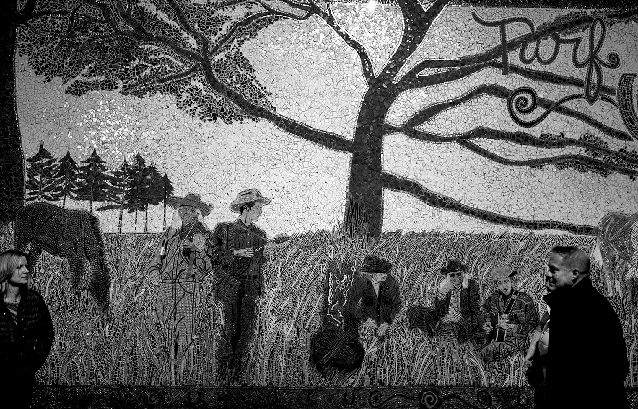 A mosaic mural on the side of the Turf Club depicts the Cactus Blossoms, who once had a weekly gig there.