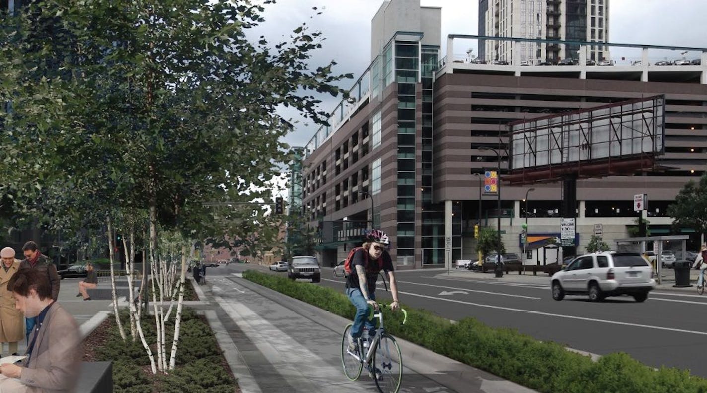 A proposed bike- and pedestrian-friendly redesign of downtown Minneapolis&#x2019; 3rd Avenue would add planter-protected bike lanes in one section.