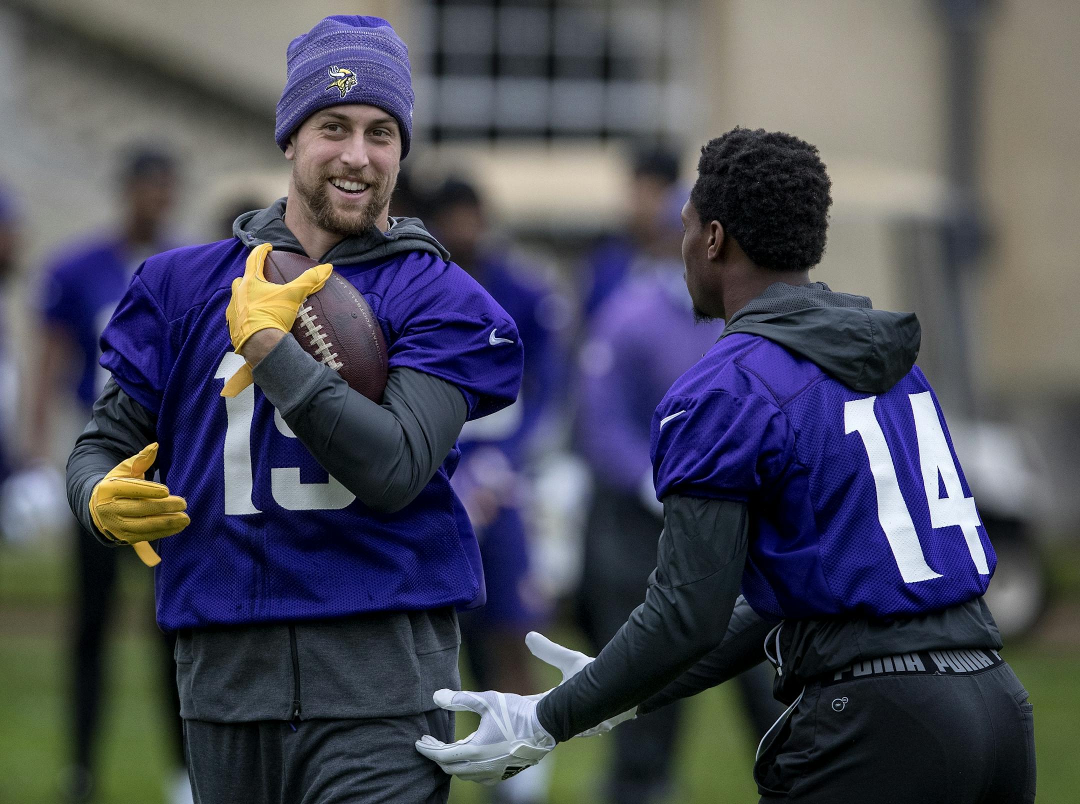 Minnesota Vikings receiver Stefon Diggs (14) and quarterback Case Keenum (7) during practice field at Syon House outside of London in preparation for a game vs. the Cleveland Browns.