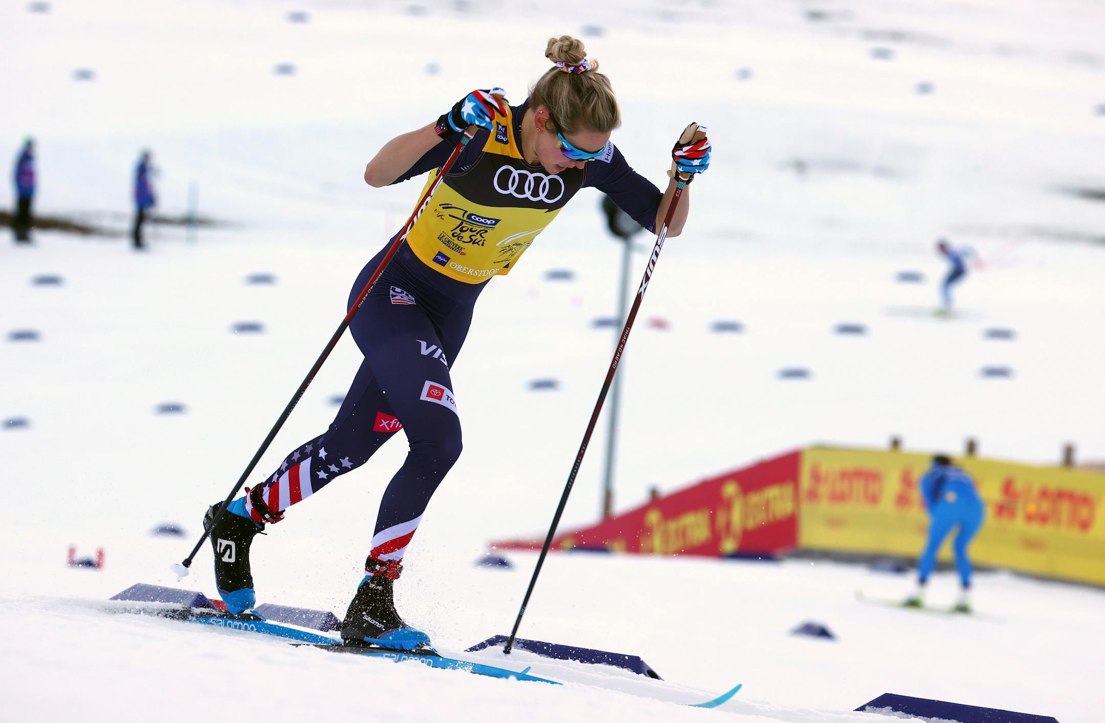 Jessie Diggins of the United States competes in the Tour de Ski, qualification, women's sprint classic in Oberstdorf, Germany Saturday Jan. 1, 2022. (Karl-Josef Hildenbrand/DPA via AP)