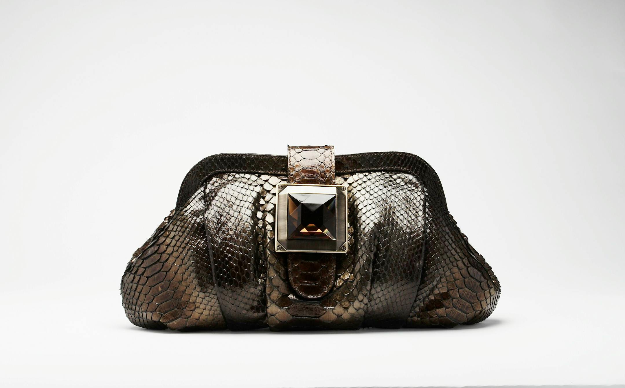 St. Germain clutch in golden brown python by Be & D.