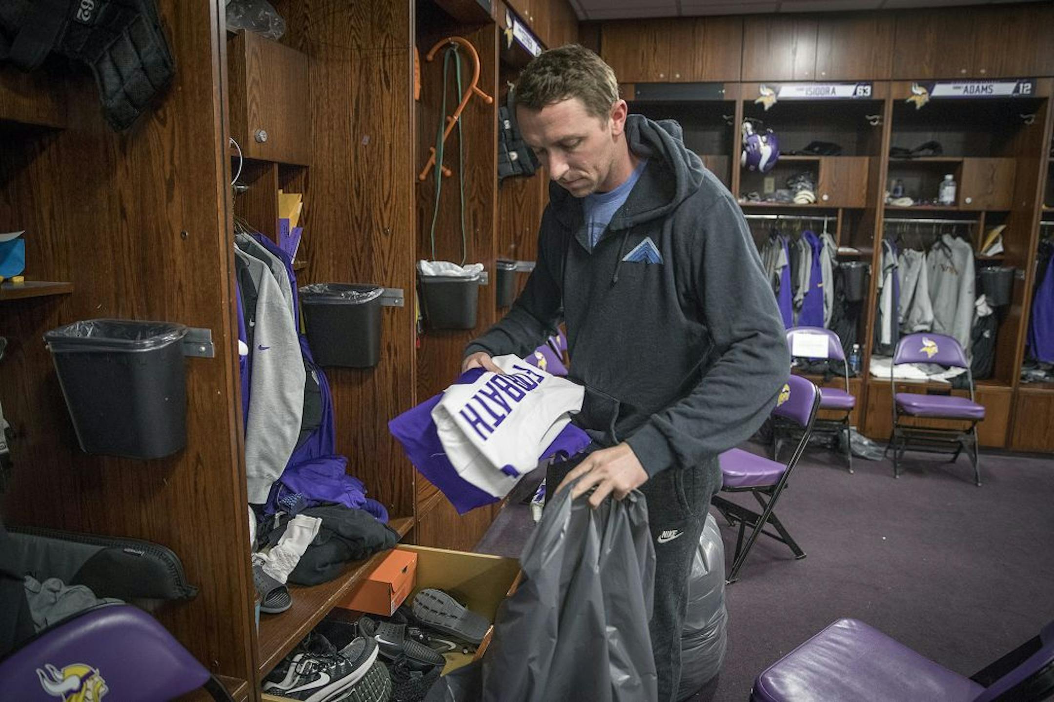 Minnesota Vikings kicker Kai Forbath cleaned out his locker at Winter Park, Monday, January 22, 2018 in Eden Prairie, MN.
