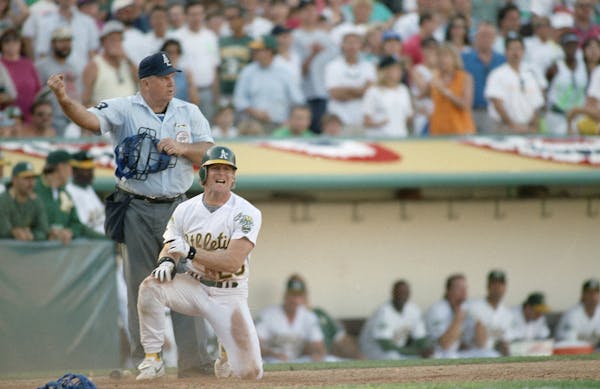 Oakland A?s Eric Fox reacts after getting tagged out at home in the 9th inning of American League Championship game on Sunday, Oct. 12, 1992 at Oaklan