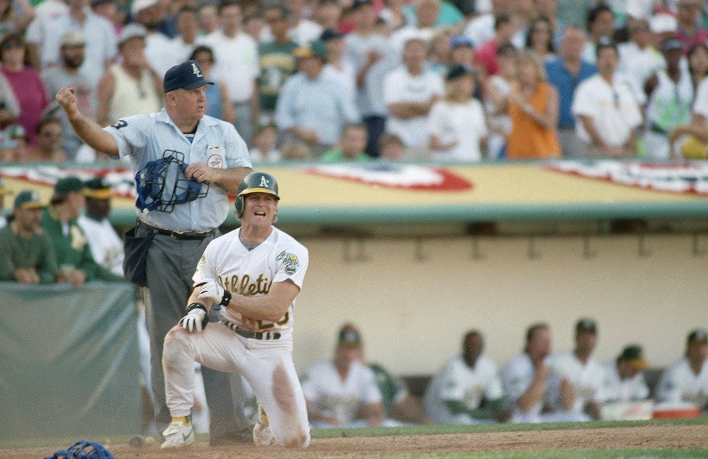 Oakland A?s Eric Fox reacts after getting tagged out at home in the 9th inning of American League Championship game on Sunday, Oct. 12, 1992 at Oakland. Fox?s score would have ended the game with Oakland winning. (AP Photo/Eric Risberg) ORG XMIT: APHS173204