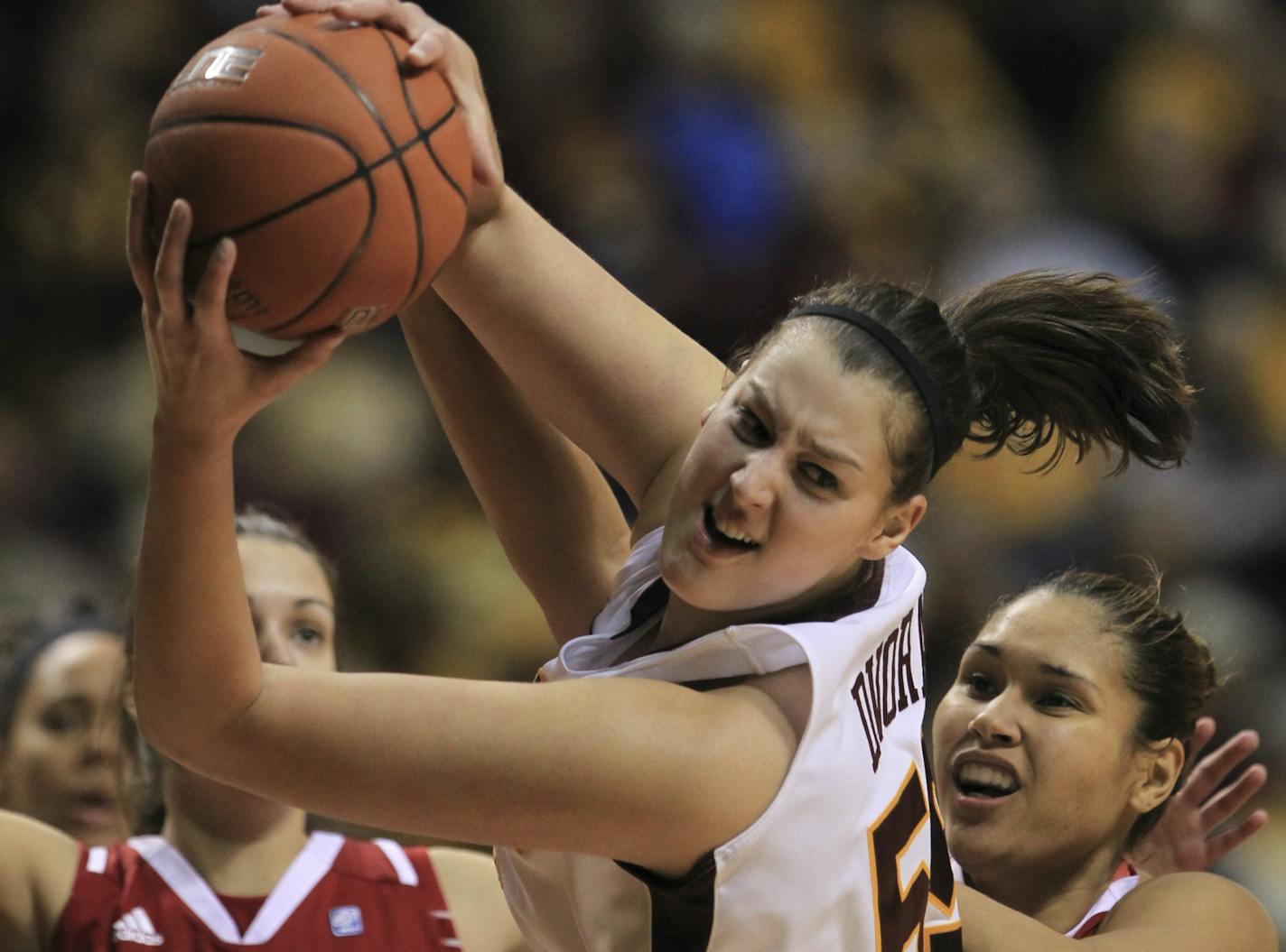 Minnesota's Amber Dvorak grabbed an offensive rebound in the first half against Indiana.