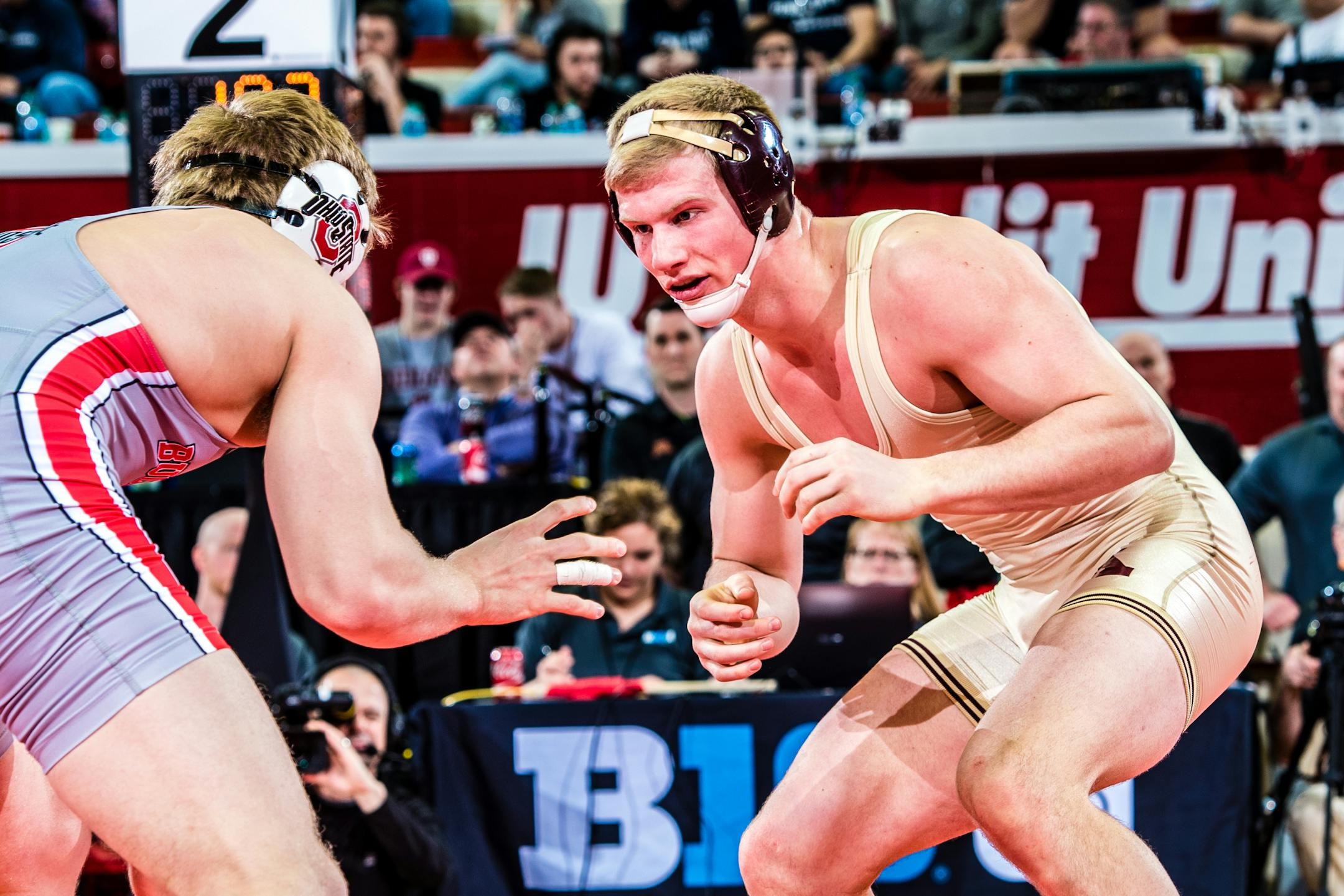 Minnesota's Brett Pfarr wrestled Ohio State's Kollin Moore for the Big Ten title at 197 pounds on Sunday in Bloomington, Ind. Moore won 15-11, but Pfarr's second-place finish was the highest for a Gophers wrestler.