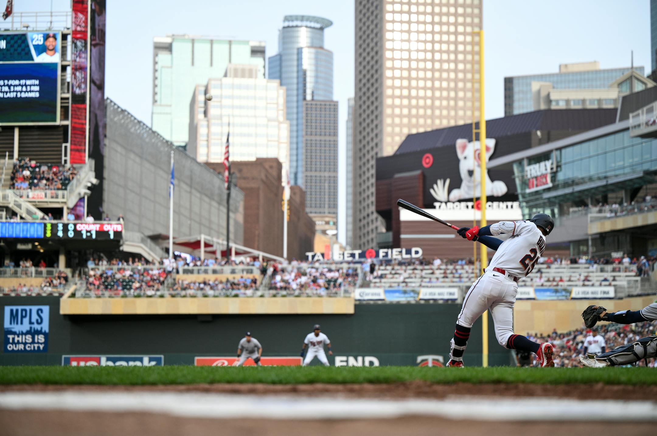 Minnesota Twins center fielder Byron Buxton (25) hits a 3-run home run in the bottom of the second inning against the New York Yankees.