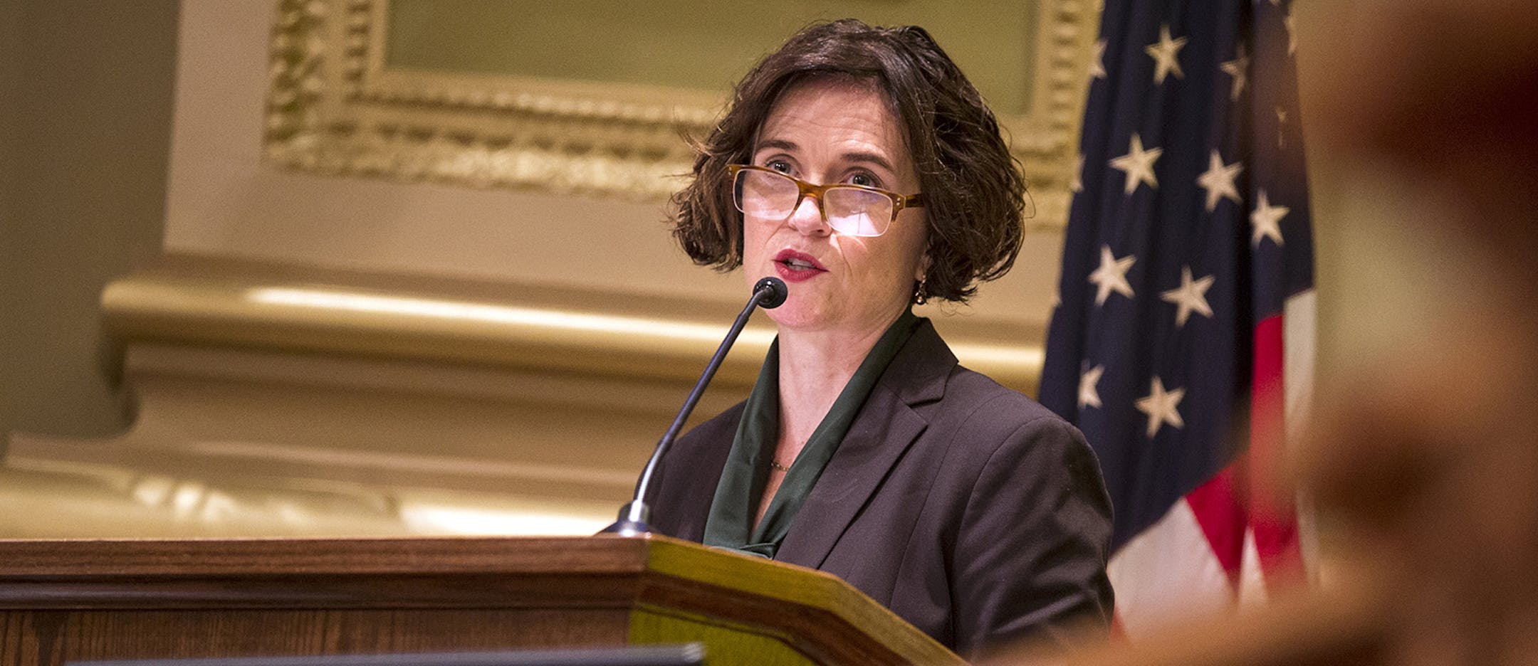 Minneapolis Mayor Betsy Hodges delivers her 2016 budget address to the City Council at Minneapolis City Hall on Wednesday, August 12, 2015. ] LEILA NAVIDI leila.navidi@startribune.com / ORG XMIT: MIN1508121311371237 ORG XMIT: MIN1511021158100754