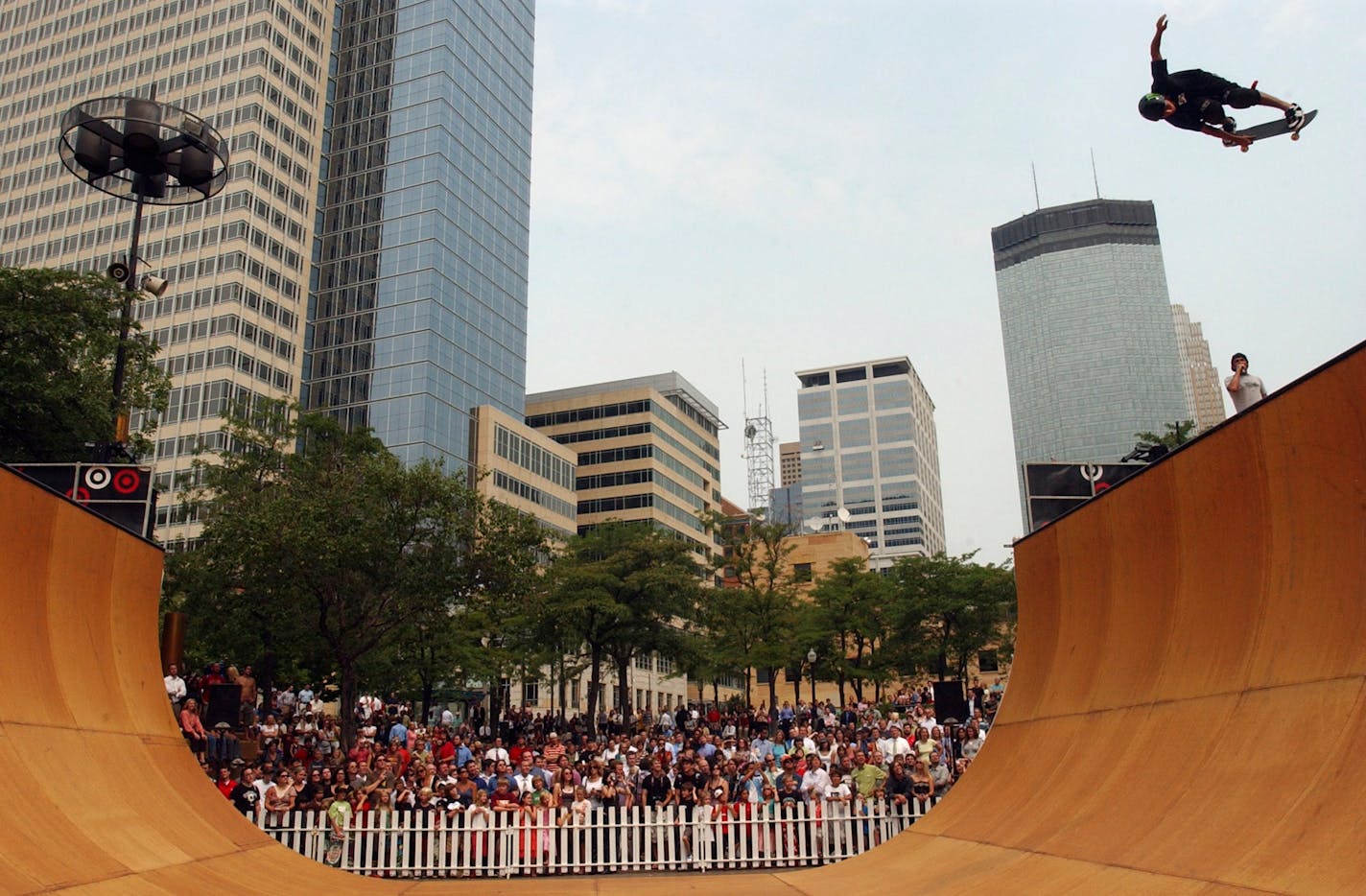 In 2007, Neal Hendrix, a multiple X Games medalist, showed his skills on the "vert ramp" set up at Peavey Plaza in Minneapolis.