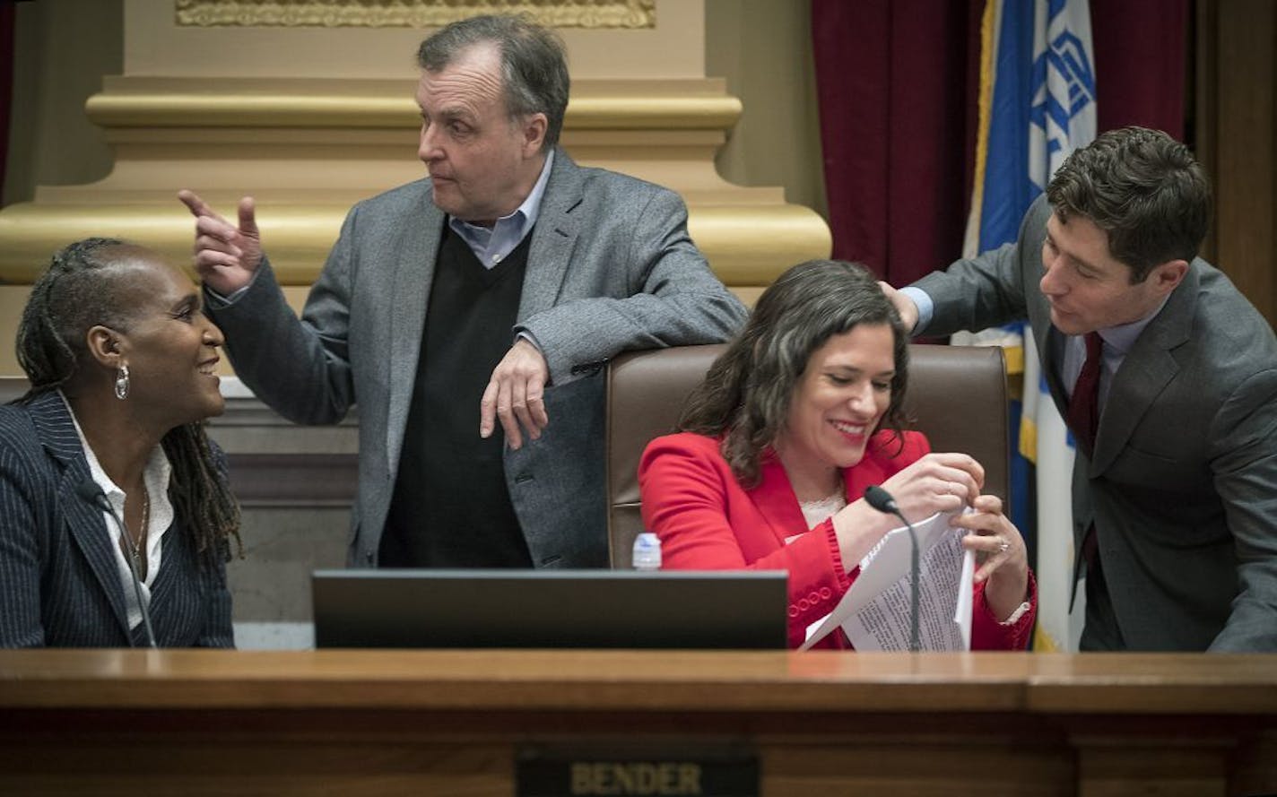 Minneapolis City Council's newest president Lisa Bender was congratulated by Mayor Jacob Frey before the first City Council meeting of the year, Monday, January 8, 2018 in Minneapolis, MN.