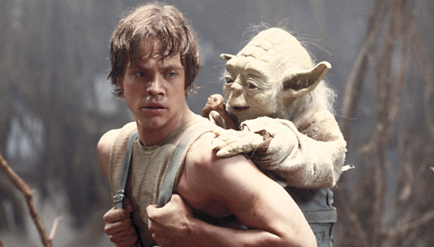 FILE - This 1980 publicity image originally released by Lucasfilm Ltd., Mark Hamill as Luke Skywalker and the character Yoda appear in this scene from "Star Wars Episode V: The Empire Strikes Back." (AP Photo/Lucasfilm Ltd)