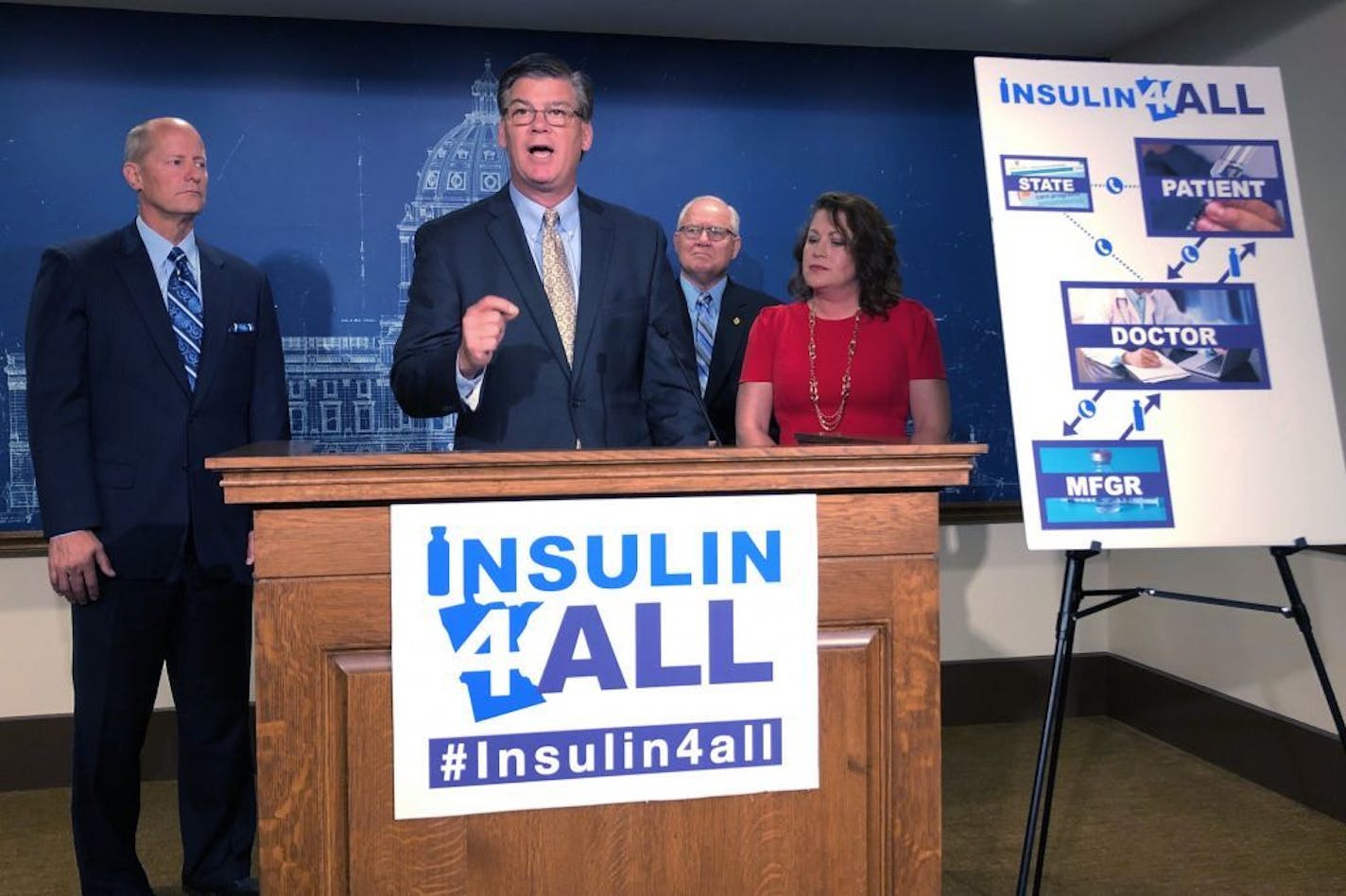 Minnesota Senate Republican leaders propose a plan to require drug makers to provide free insulin to qualifying residents who can't afford the high cost of the life-saving medication, Thursday, Sept. 19, 2019, in St. Paul, Minn. Pictured left to right at a news conference at the state Capitol are Senate Majority Leader Paul Gazelka, Sen. Eric Pratt at the podium, Sen. Dan Hall and Sen. Michelle Benson.