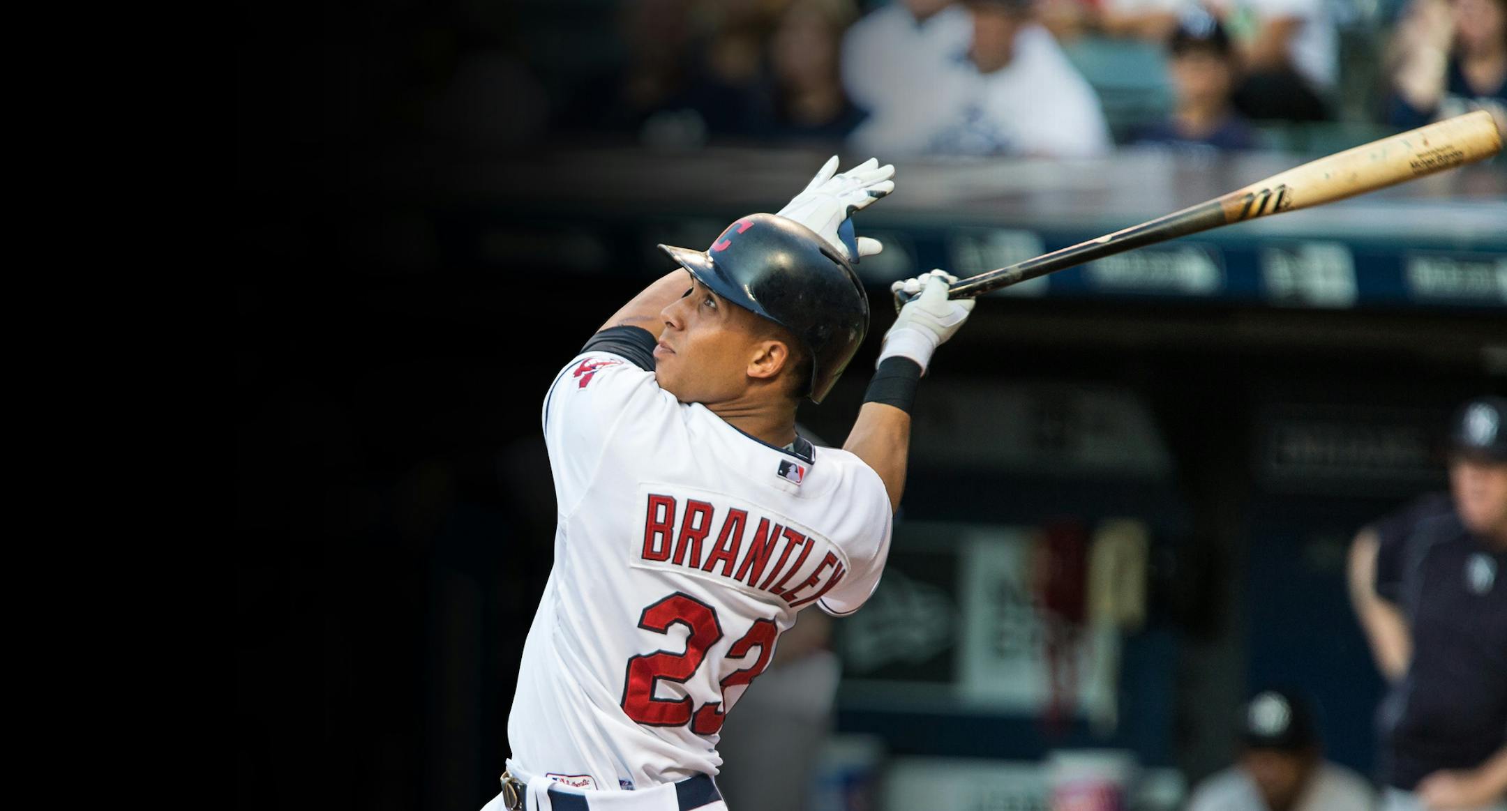 13 August 2015: Cleveland Indians Left field Michael Brantley (23) [5594] flies out to left during the first inning of the game between the New York Yankees and Cleveland Indians at Progressive Field in Cleveland, OH. New York defeated Cleveland 8-6. (Icon Sportswire via AP Images) ORG XMIT: 244880