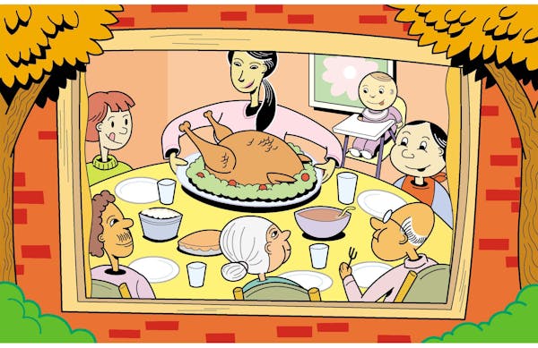 300 dpi 4 col x 5 in / 196x127 mm / 667x432 pixels Neil Nakahodo color illustration of a family seated at table for a Thanksgiving dinner. The Kansas 