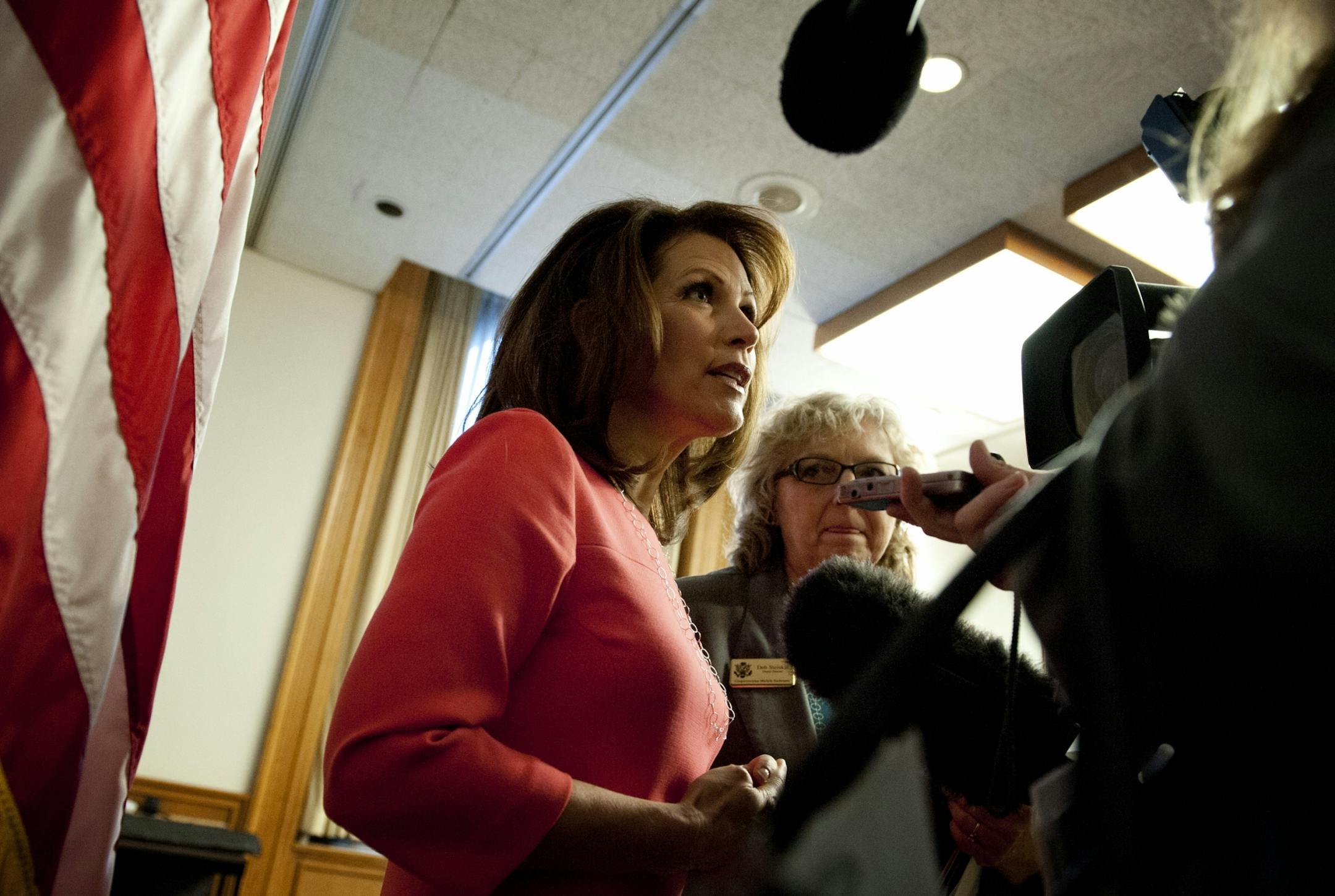 U.S. Rep. Michele Bachmann was at the State Capitol Tuesday, where she held a news conference with state Sen. Sean Nienow (R-Cambridge) to discuss problems with Medicaid reimbursement rates paid to doctors in Minnesota. When questions turned to investigations of her campaign activities, aides closed in to block reporters and photographers and ushered her from the room.