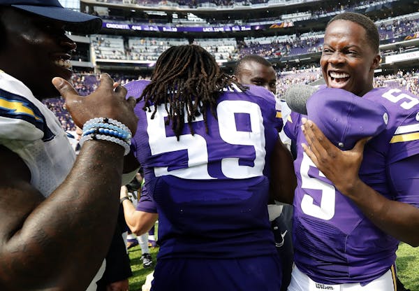 Vikings quarterback Teddy Bridgewater joked with teammates and Chargers players after the game.