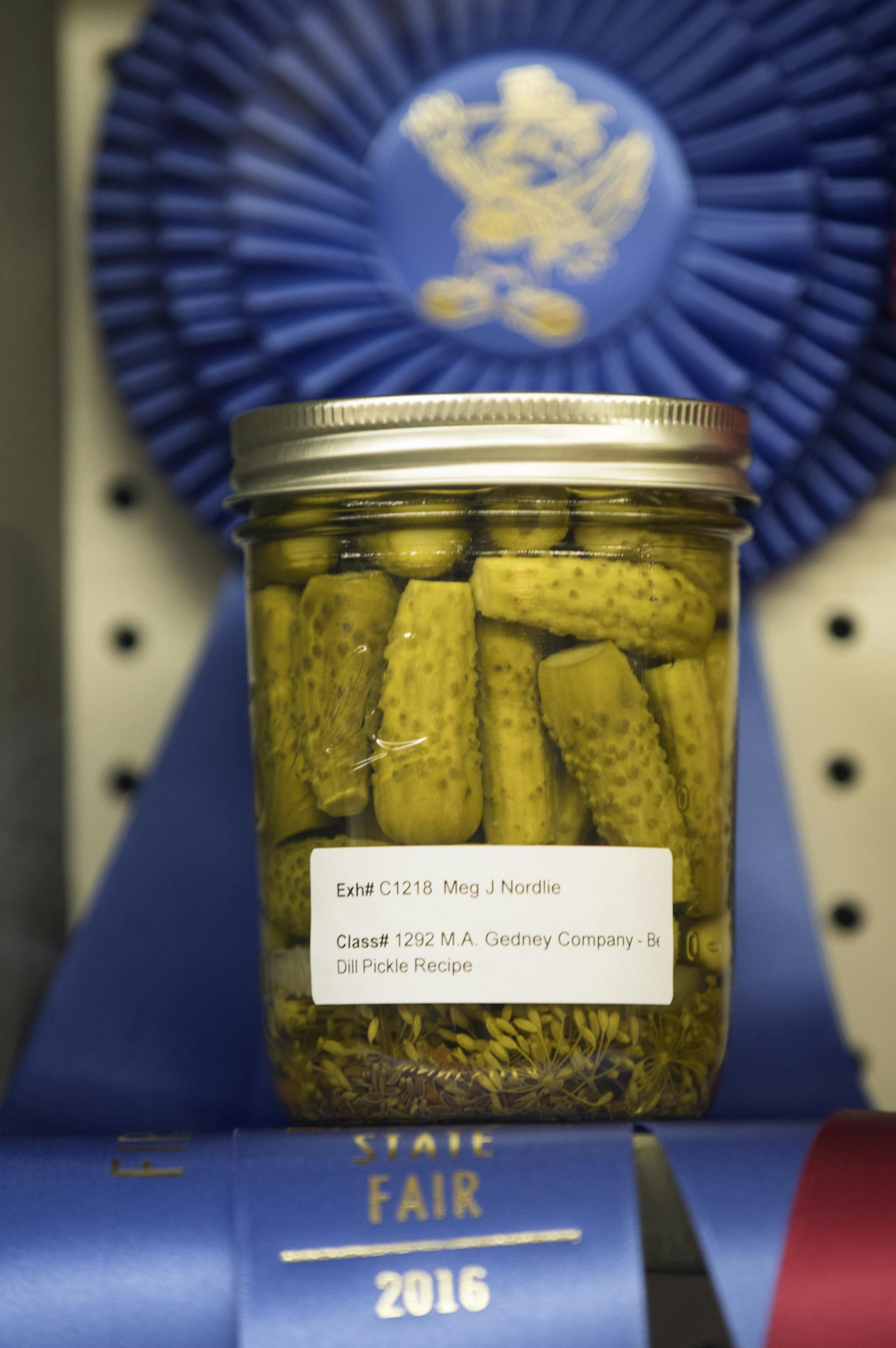 The blue ribbon winning dill pickles. ] (Leila Navidi/Star Tribune) leila.navidi@startribune.com BACKGROUND INFORMATION: The Minnesota State Fair on Thursday, August 25, 2016.