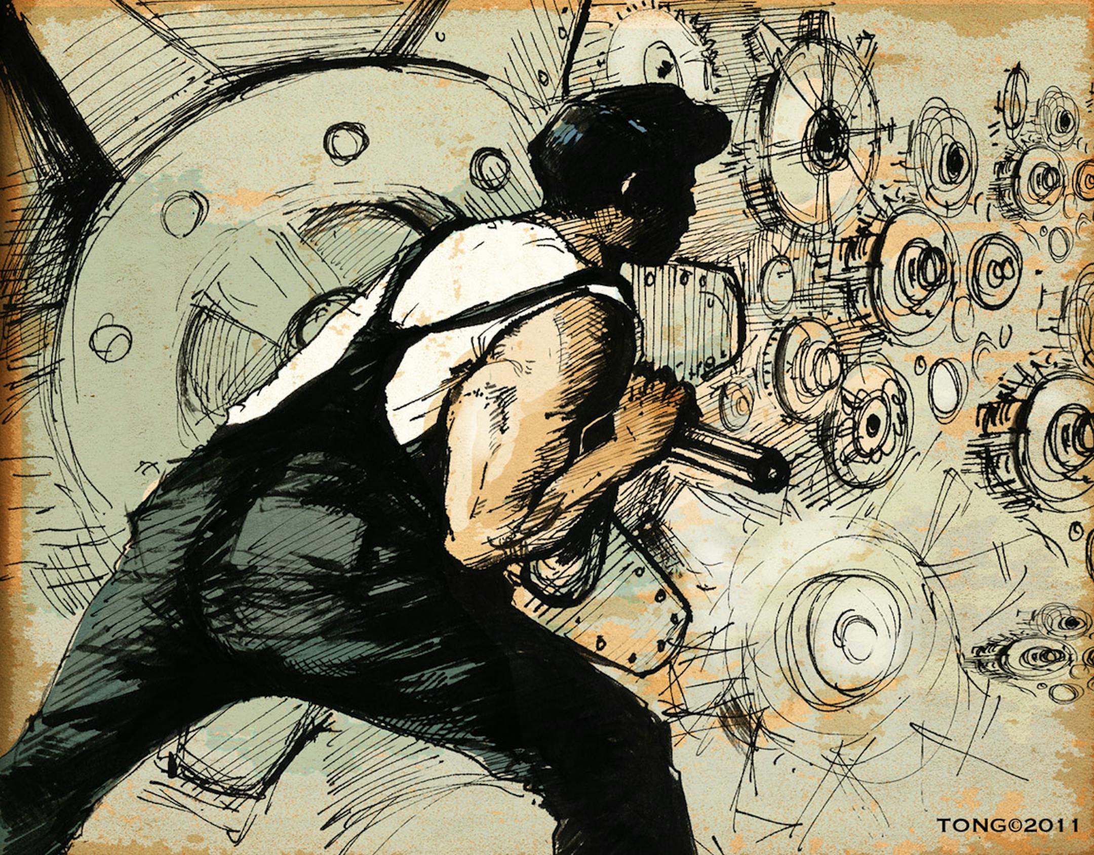 This artwork by Paul Tong relates to efforts to generate jobs and get Americans back to work.