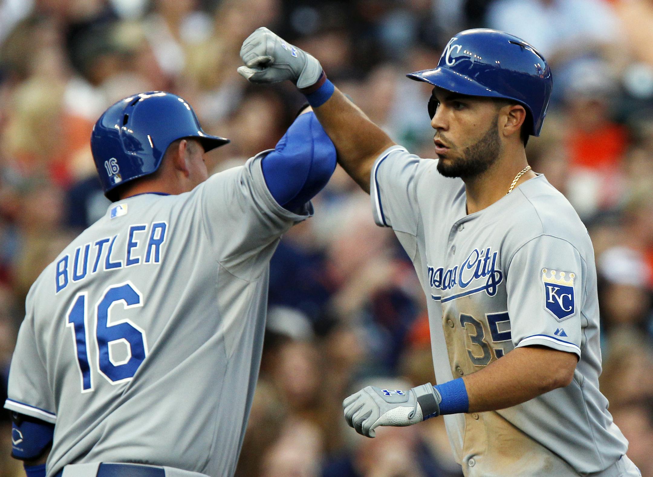 Kansas City Royals' Eric Hosmer (35) celebrates his two-run home run with Billy Butler (16) in the third inning during the second game of a doubleheader baseball game against the Detroit Tigers Friday, Aug. 16, 2013, in Detroit. (AP Photo/Duane Burleson)