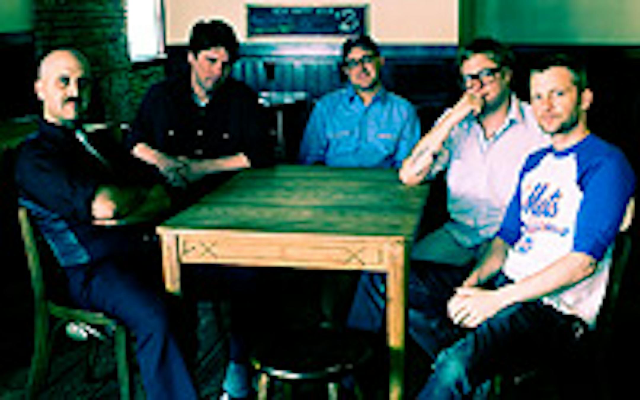 The Hold Steady: keyboardist Franz Nicolay, bassist Galen Polivka, singer/guitarist Craig Finn, lead guitarist Tad Kubler and drummer Bobby Drake.