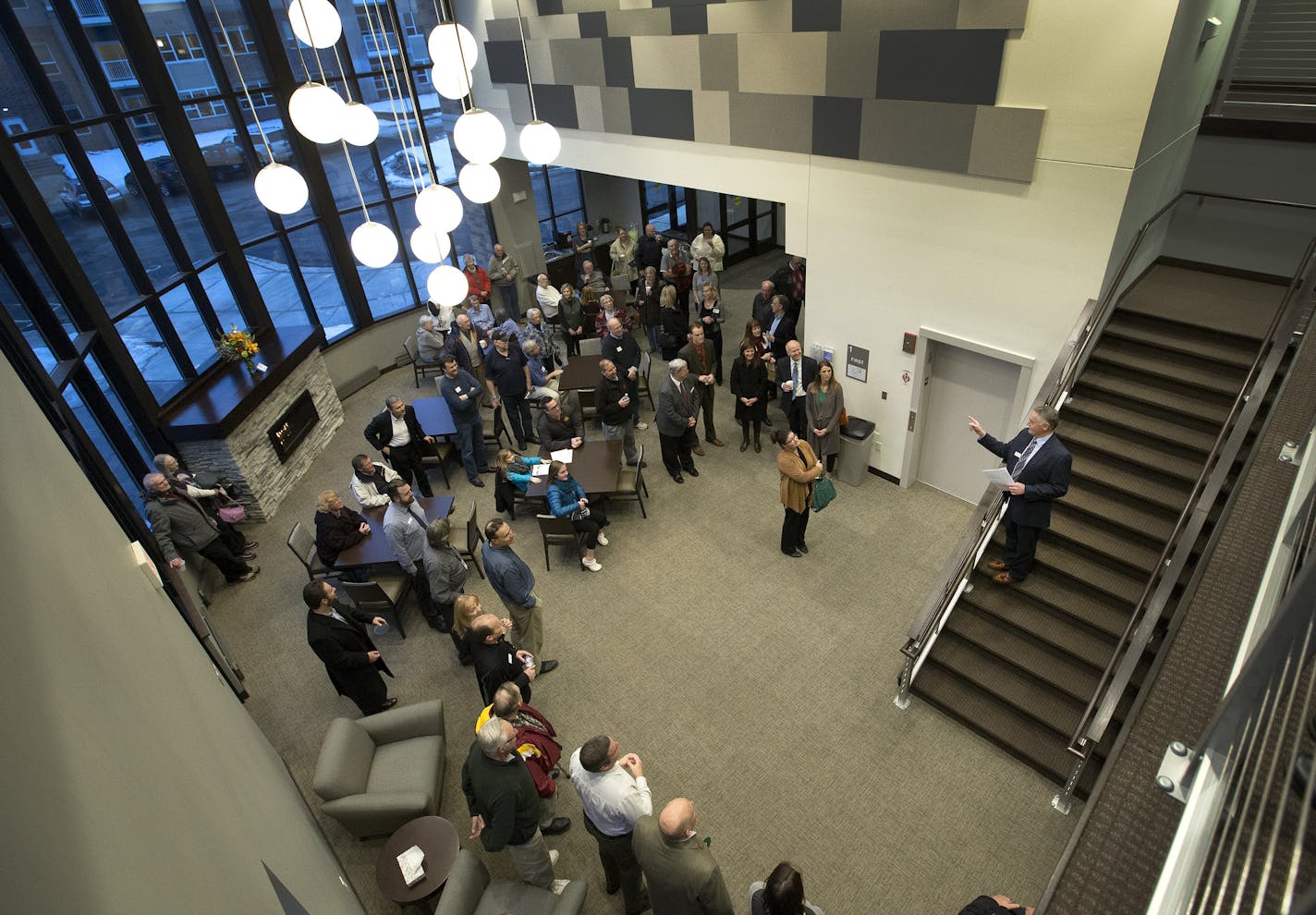 Rosemount Mayor Bill Droste spoke before a ribbon cutting ceremony at the Steeple Center expansion project, which connects it to a senior living complex and provides expanded meeting space for seniors and the whole community. ] CARLOS GONZALEZ cgonzalez@startribune.com - February 1, 2016, Rosemount, MN, Rosemount's Steeple Center has finished its expansion project, which connects it to a senior living complex and provides expanded meeting space for seniors and the whole community. The center als