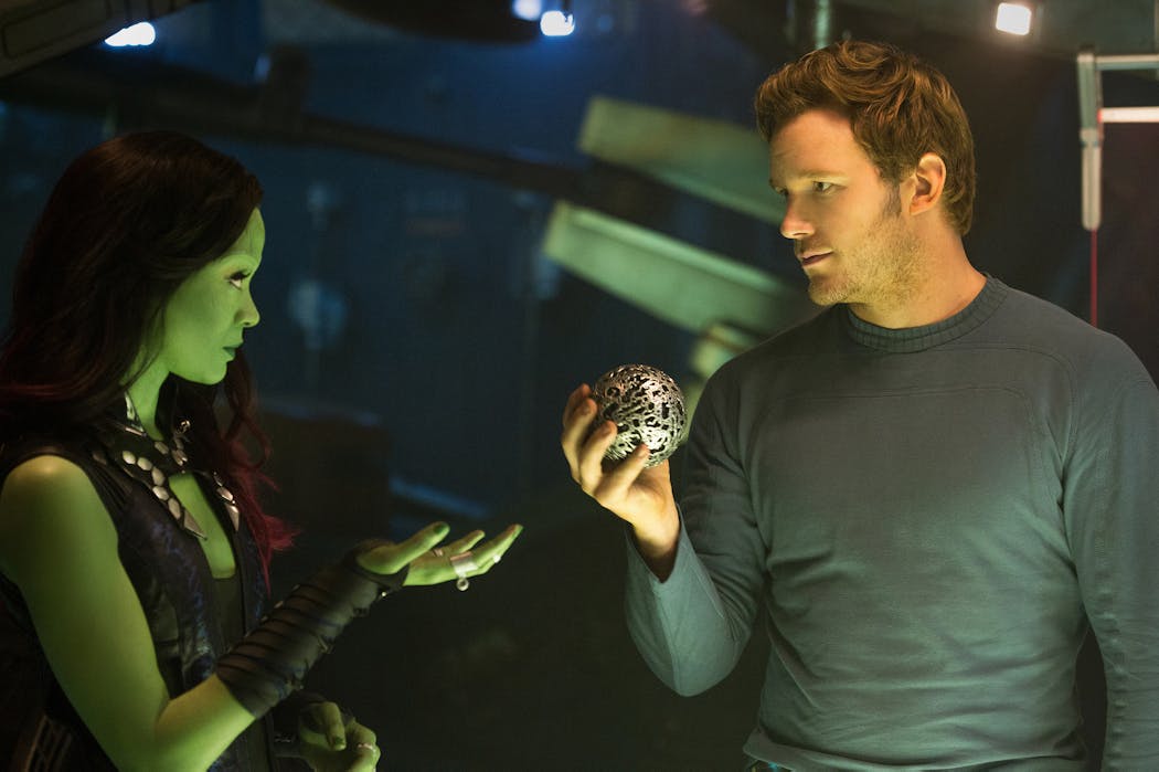 Zoe Saldana as Gamora and Chris Pratt as Peter Quill in Marvel’s “Guardians of the Galaxy.”