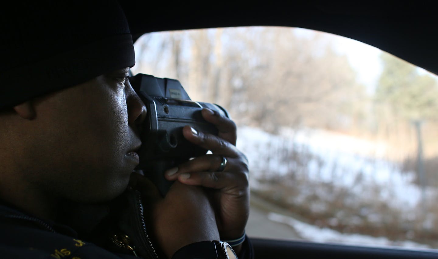 Parked underneath an overpass, Edina officer Darren Davis Jr. looked for speeders on Hwy 100 in 2017.