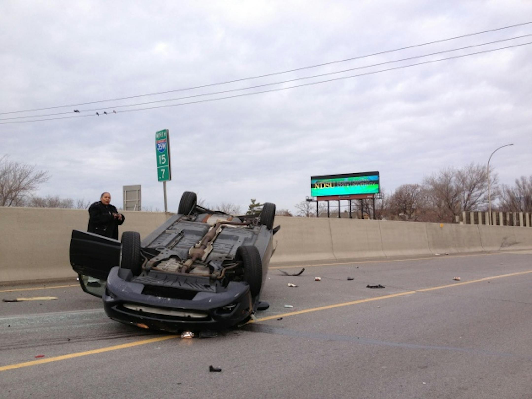 A vehicle flipped over on 35W north at Lake Street