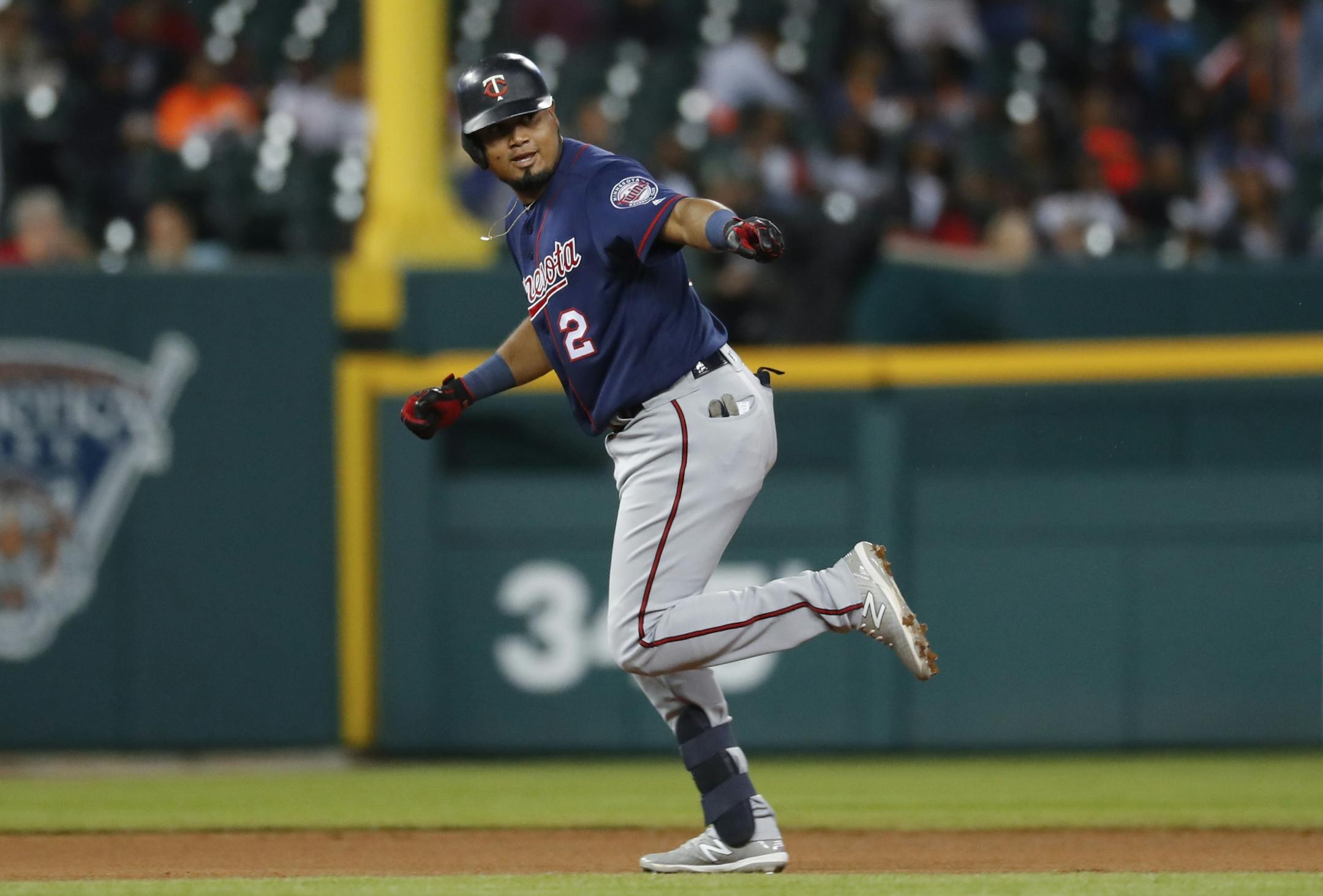 Minnesota Twins' Luis Arraez celebrates his two-run home run in the seventh inning of a baseball game against the Detroit Tigers in Detroit, Wednesday, Sept. 25, 2019.