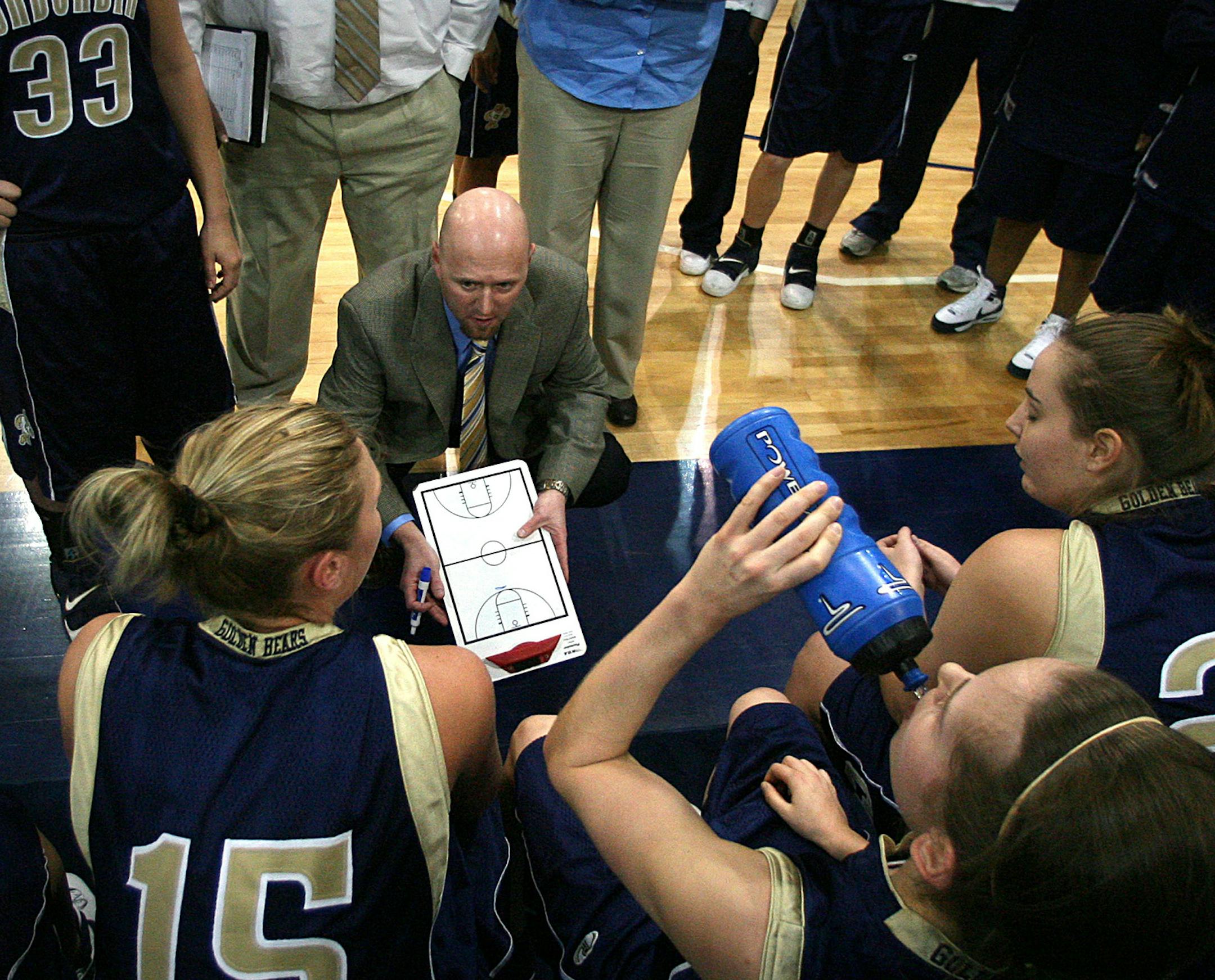 JIM GEHRZ ï jgehrz@startribune.com St. Paul/February 23, 2008/6:30PM] Paul Fessler, head coach of the Concordia University women's basketball team, discussed strategy during a time out in a home game against Wayne State.