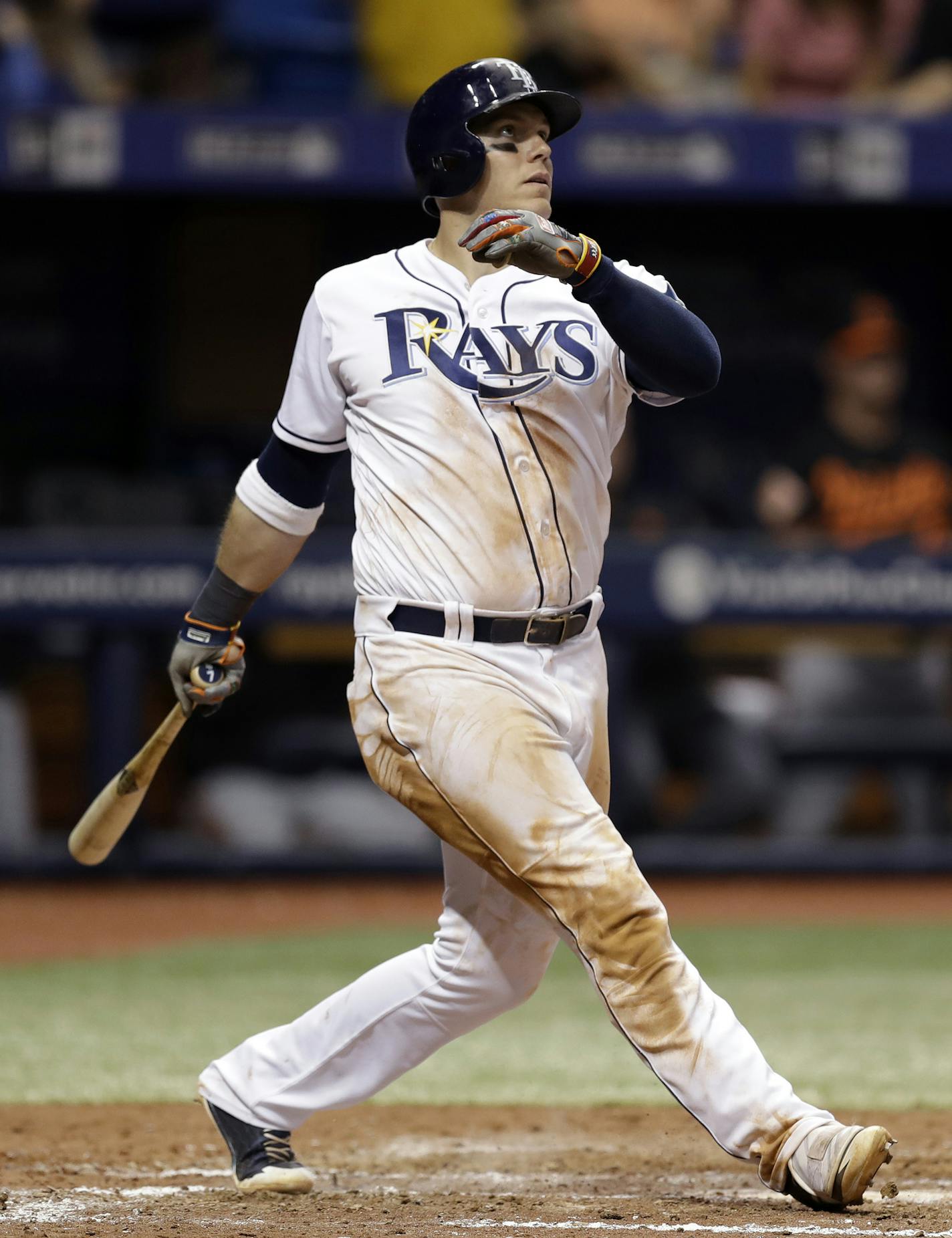 Tampa Bay Rays' Logan Morrison watches his home run off Baltimore Orioles relief pitcher Chris Tillman during the seventh inning of a baseball game Friday, Sept. 29, 2017, in St. Petersburg, Fla. (AP Photo/Chris O'Meara) ORG XMIT: SPD114