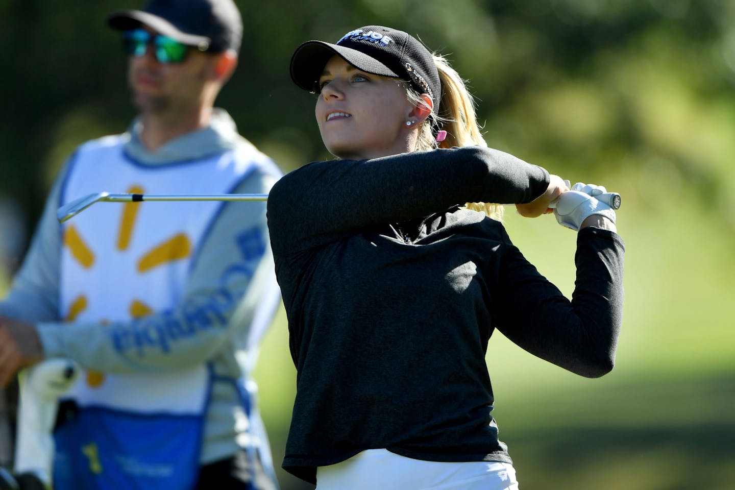 Sarah Burnham on the 3rd tee during the LPGA Walmart NW Arkansas Championship golf tournament, Sunday, Sept. 26, 2021, in Rogers, Ark. (AP Photo/Michael Woods)