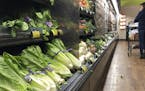 FILE - In this Nov. 20, 2018 file photo, romaine lettuce sits on the shelves as a shopper walks through the produce area of an Albertsons market in Si