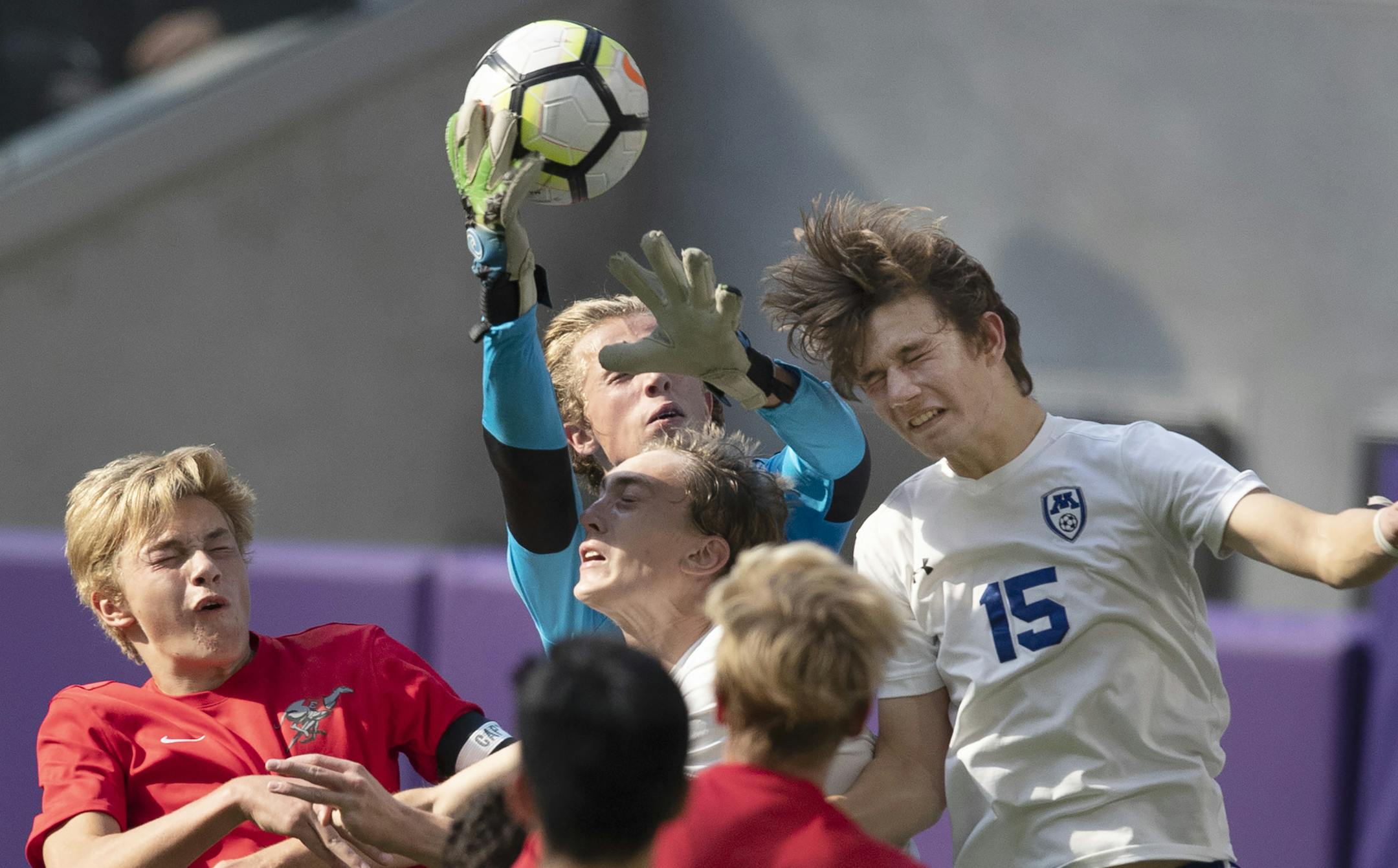 Minnetonka goalkeeper Luca Vereecken and Niko Scheibal stropped a first half goal attempt by Duluth East during Class 2A boys semifinals soccer at U.S.Bank Stadium Wednesday October 31, 2018 in Minneapolis, MN.] Jerry Holt ï Jerry.holt@startribune.com