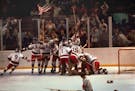 The scene immediately after the United States defeated the Soviet Union 4-3 in the 1980 Miracle on Ice Olympic semifinal at Lake Placid, N.Y.
