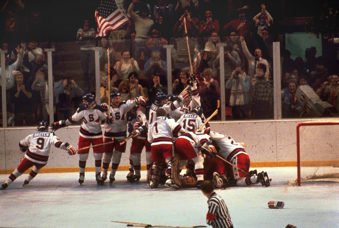 The scene immediately after the United States defeated the Soviet Union 4-3 in the 1980 Miracle on Ice Olympic semifinal at Lake Placid, N.Y.