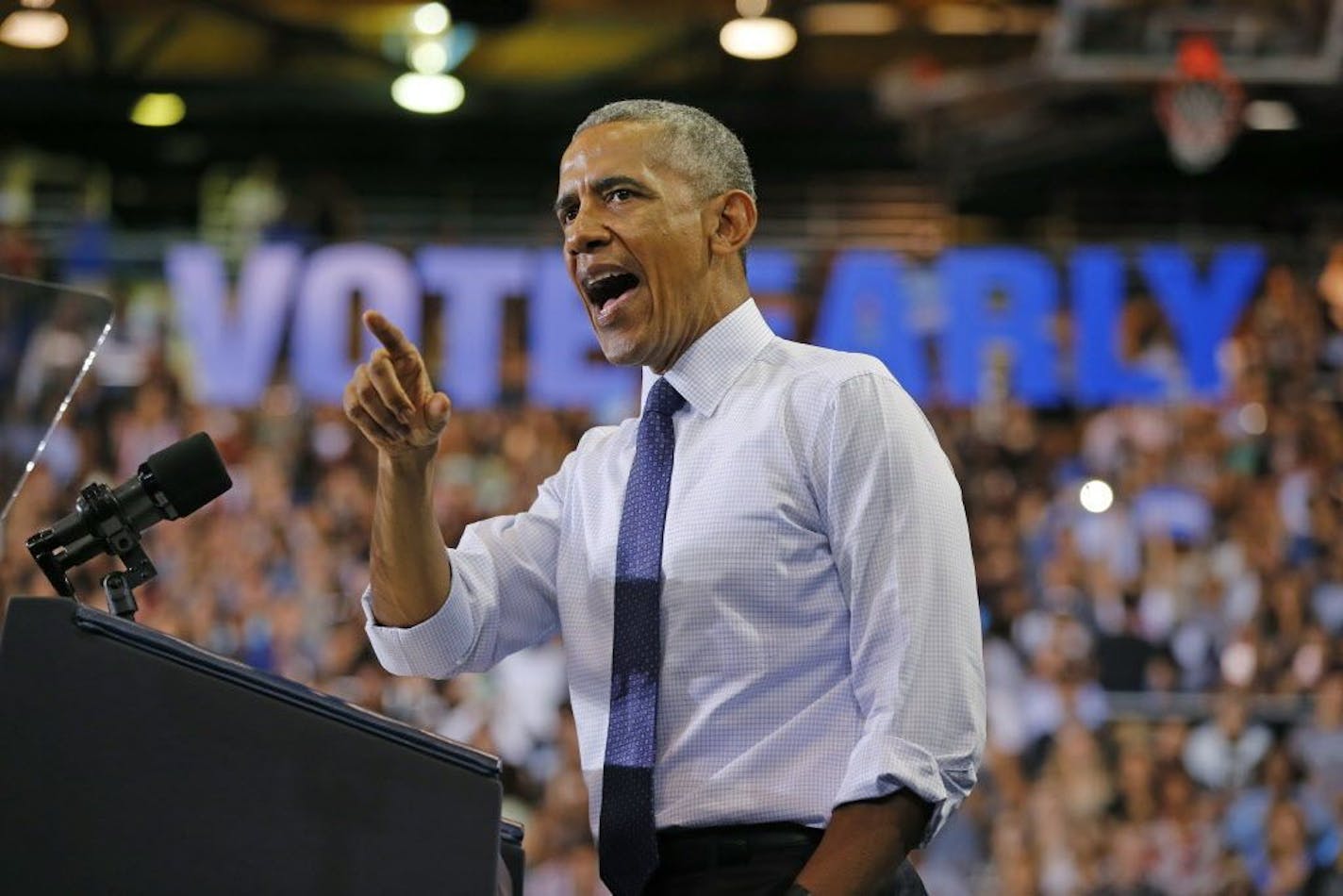 President Barack Obama speaks at a rally for Democratic presidential nominee Hillary Clinton and fellow Democrats at Florida International University Arena on Thursday, Nov. 3, 2016.