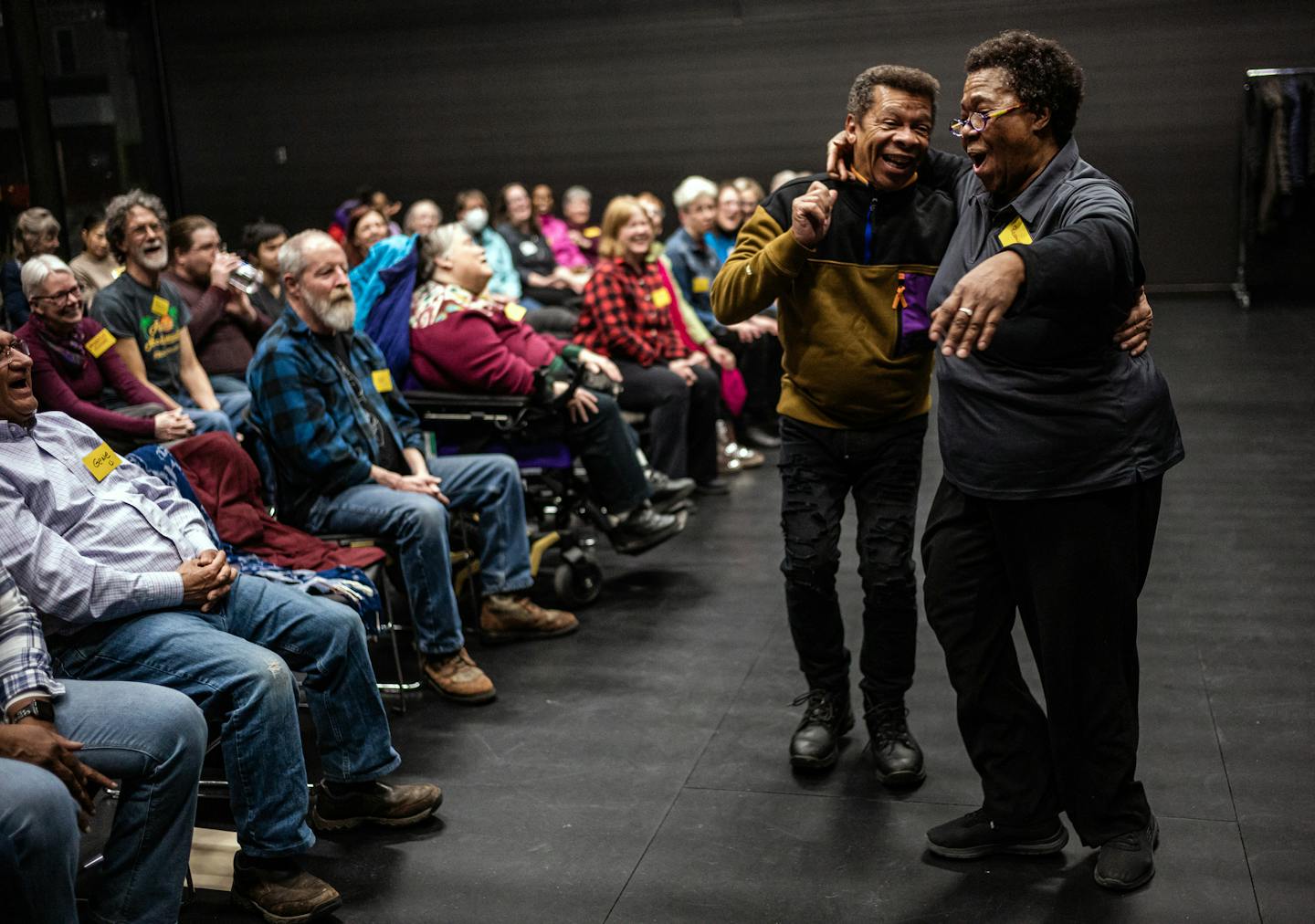 J.D. Steele believes in moving the body so it reflects the emotions in the voice as he dances with Rosann Hudgins of Capri Glee on its first rehearsal in Minneapolis, Minn., on Tuesday, March 21, 2023. North Minneapolis singers gather to sing, to dance, to hear the ruminations of J.D. Steele. The legendary musician directs the Capri Glee] RICHARD TSONG-TAATARII • richard.tsong-taatarii @startribune.com