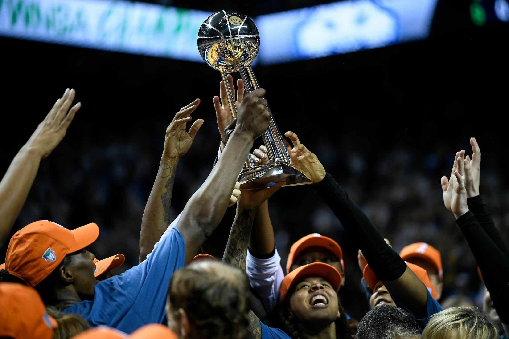 Minnesota Lynx players hoisted their WNBA Championship trophy above their heads Wednesday. ] AARON LAVINSKY &#xef; aaron.lavinsky@startribune.com The Minnesota Lynx played the Los Angeles Sparks in game five of the WNBA Finals on Tuesday, Oct. 4., 2017 at Williams Arena in Minneapolis, Minn.