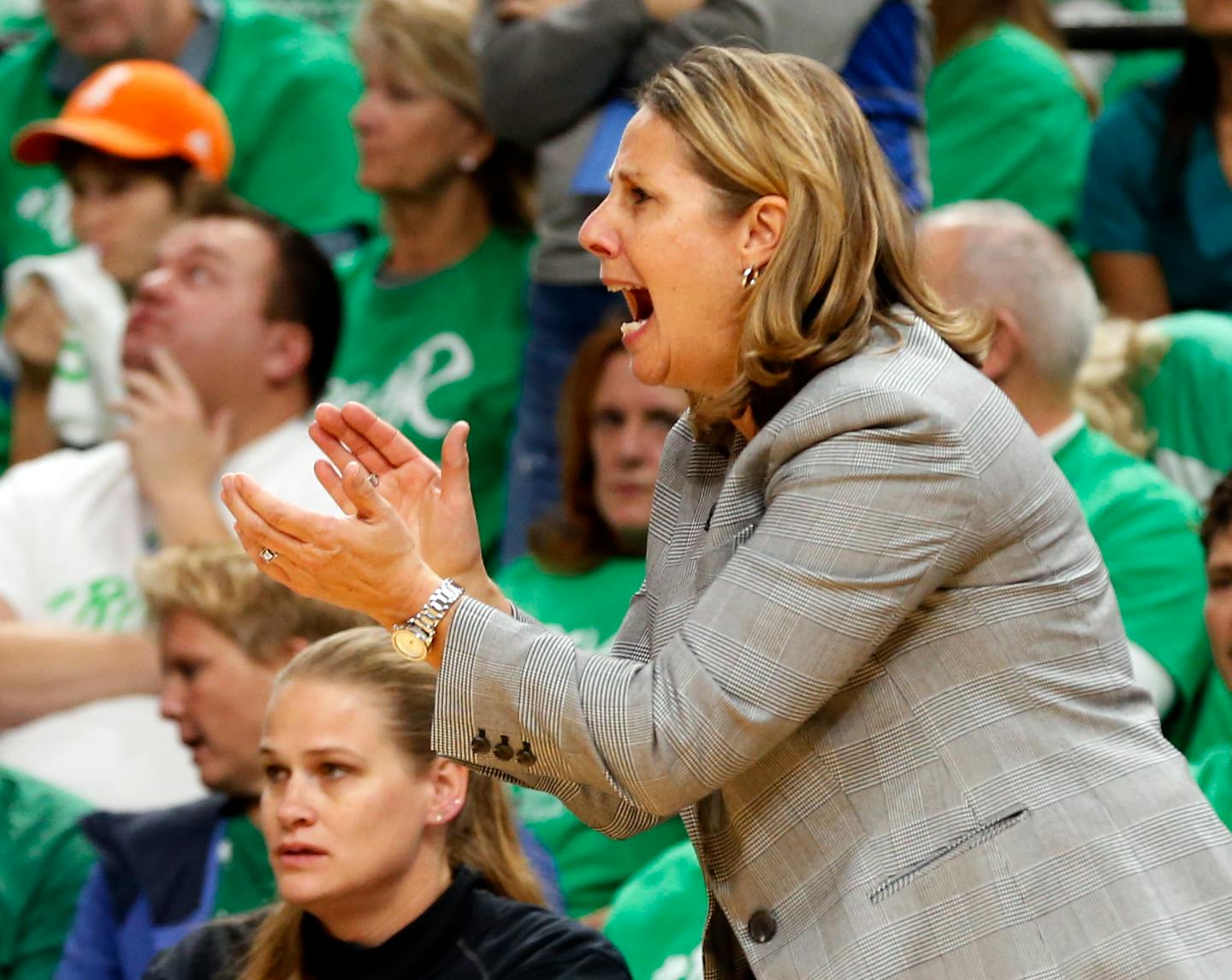 Minnesota Lynx head coach Cheryl Reeve directs her team in the second half during Game 5 of the WNBA basketball finals Thursday, Oct. 20, 2016, in Minneapolis. The Sparks beat the Lynx 77-76 to win the championship title. Moore led the lynx with 23 points. (AP Photo/Jim Mone)