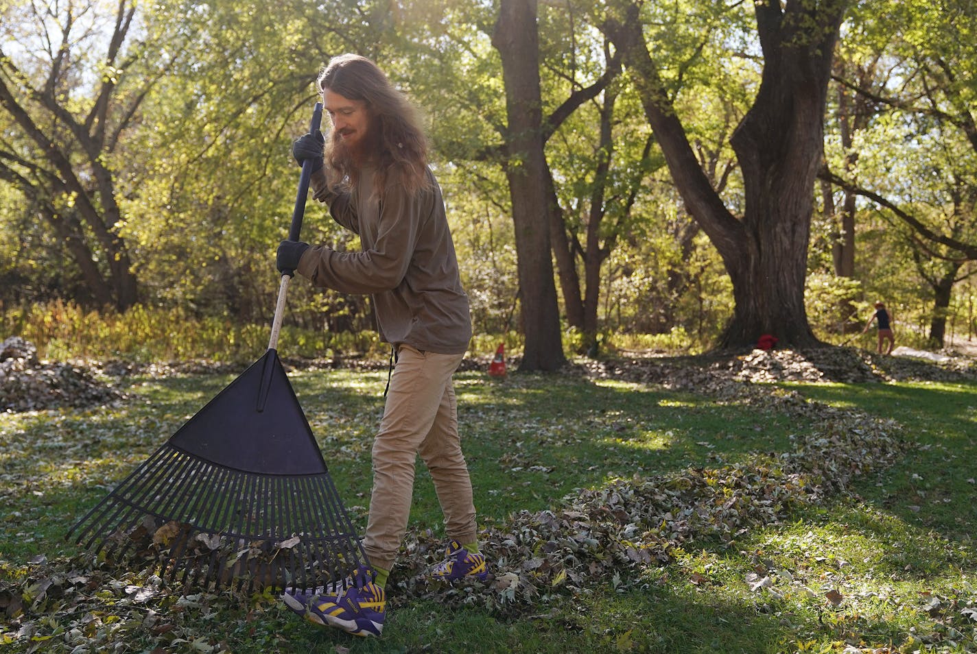 Volunteer Yarrow Benrud raked leaves to prep for the show Thursday at Hidden Falls Regional Park. ] ANTHONY SOUFFLE &#xef; anthony.souffle@startribune.com Volunteers and staff prepared for the 25th annual Halloween Puppet Extravaganza performance Thursday, Oct. 18, 2018 at Hidden Falls Regional Park in St. Paul, Minn. Opening night is Oct. 20th with performances the 21st, 26th, 27th, 28th, and the 31st. Co-director Tara Fahey's phone number is 763-645-4988 if the copy desk wants more info.