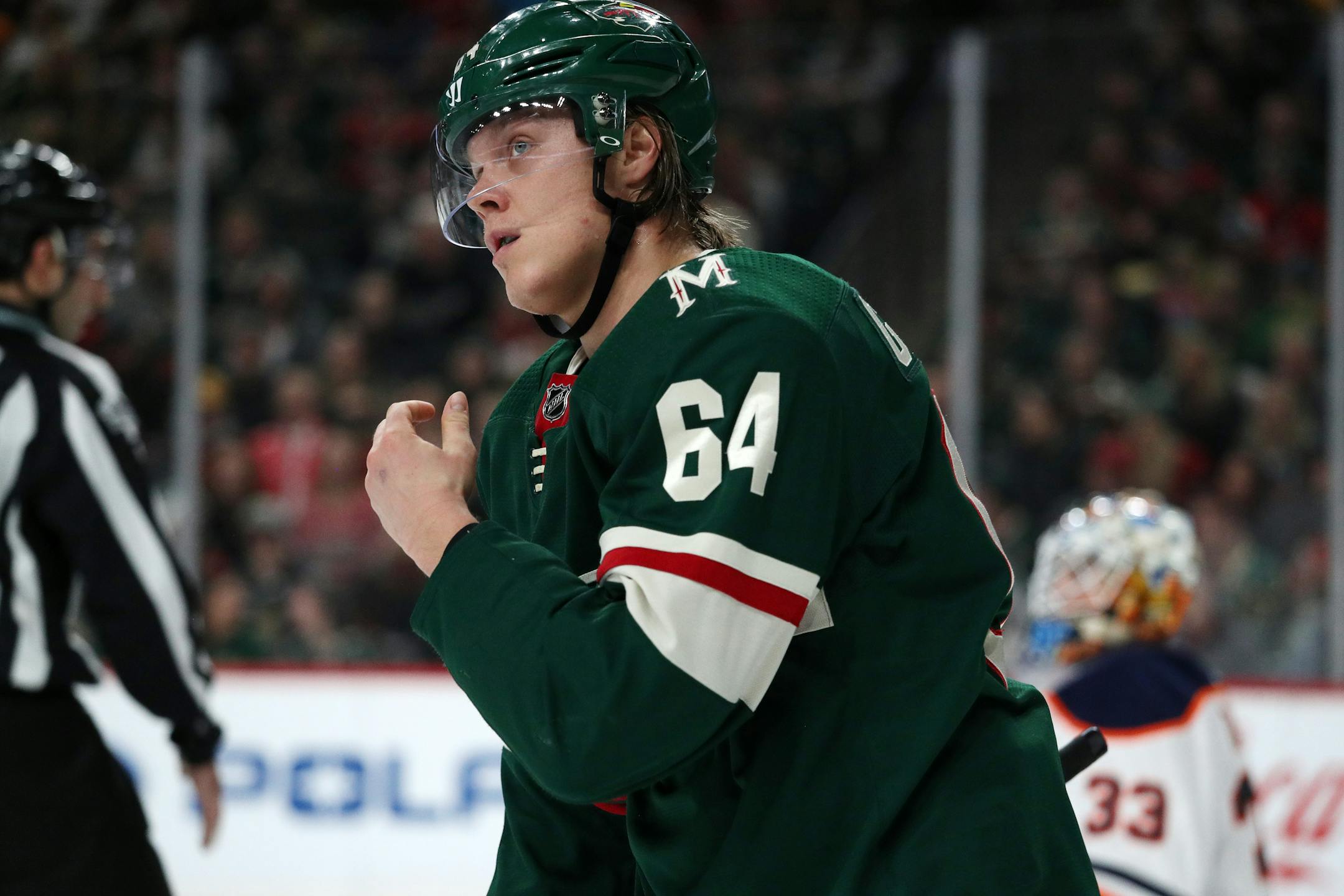Minnesota Wild right wing Mikael Granlund (64) looked to the scoreboard after he was unable to score on Edmonton Oilers goaltender Cam Talbot (33) in the first period. ] ANTHONY SOUFFLE � anthony.souffle@startribune.com Game action from an NHL game between the Minnesota Wild and the Edmonton Oilers Saturday, Dec. 16, 2017 at the Xcel Energy Center in St. Paul, Minn.