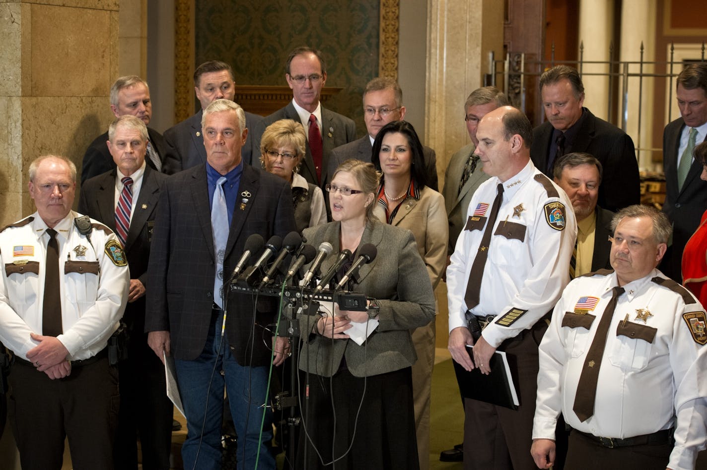 A bipartisan group of lawmakers and members of the Minnesota Sheriff's Association stood in front of the House chambers to introduce an alternative gun bill that doesn't include background checks. The bill's author is Rep. Debra Hilstrom, center and is supported by Sen Tony Cornish, left, a gun rights advocate and Hennepin County Sheriff Rich Stanek. On right is Carver County Sheriff J.A. Olson.