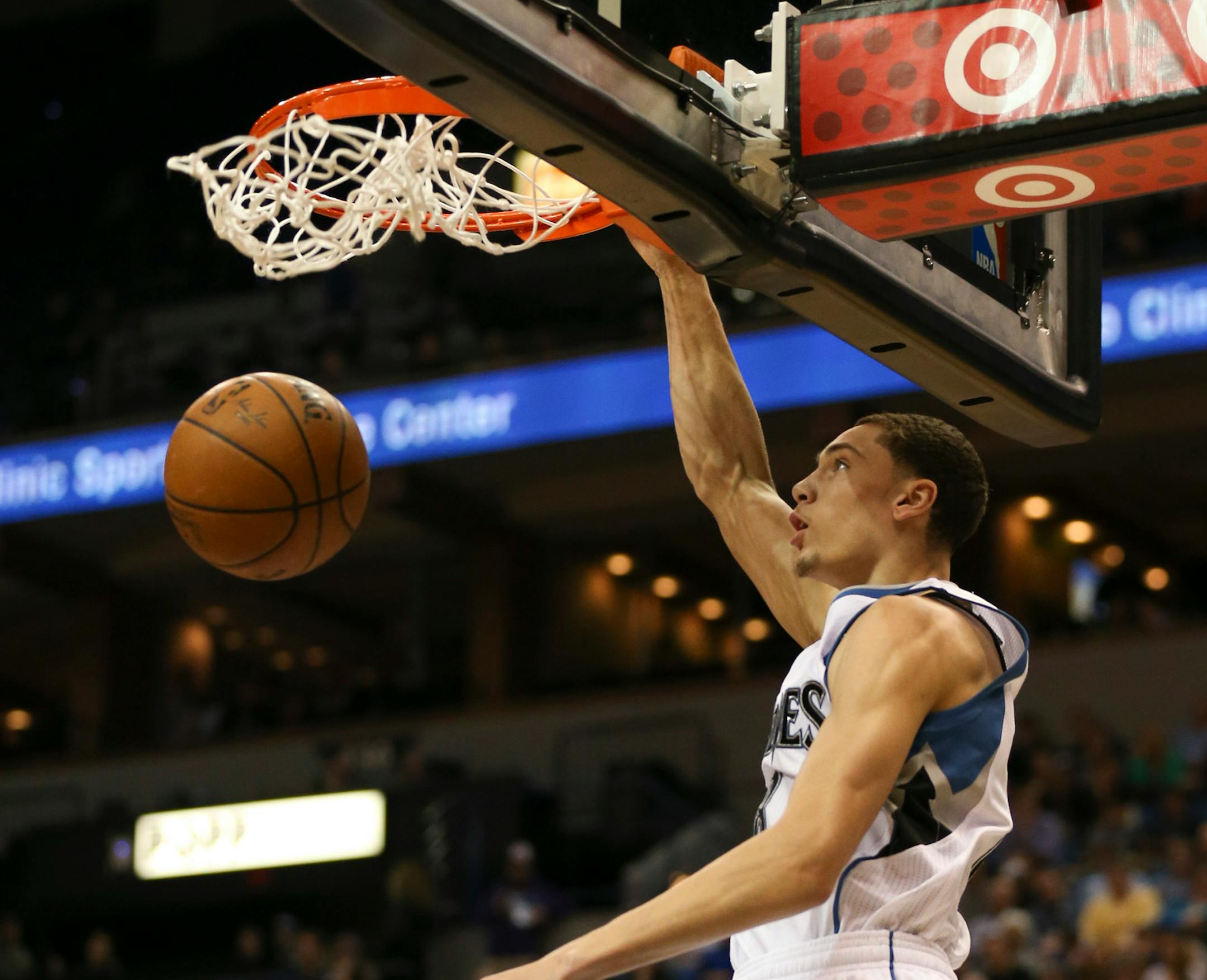 Timberwolves guard Zach LaVine dunked with about three minutes left in the fourth quarter and the Wolves down by 16 points Monday night at Target Center. ] JEFF WHEELER • jeff.wheeler@startribune.com The Timberwolves lost to the Atlanta Hawks 117-105 in an NBA game at Target Center Monday night, February 9, 2015.