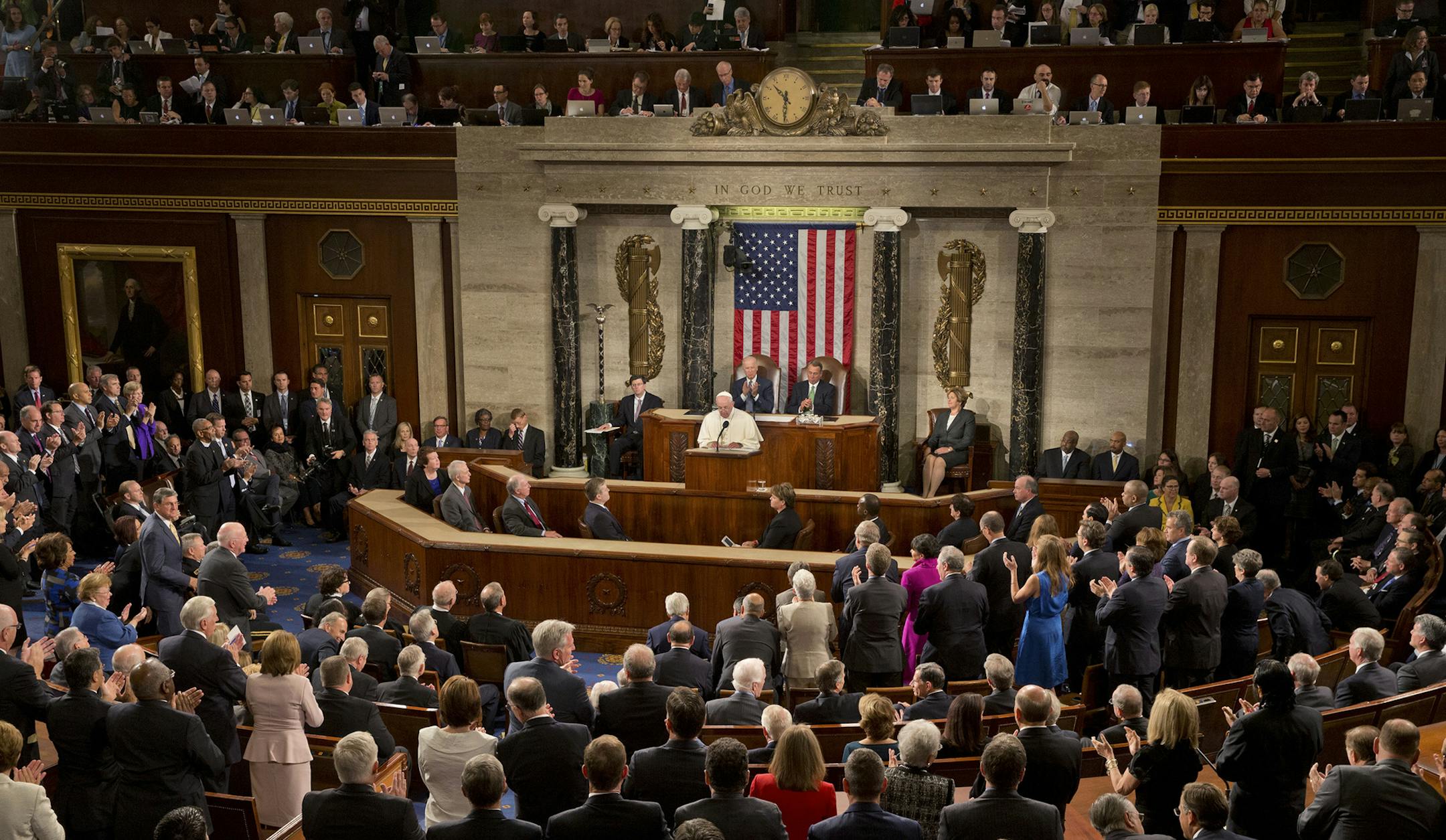 Pope Francis is applauded during an address to a joint meeting of Congress at the Capitol in Washington, Sept. 24, 2015. The pontiffís high-profile address comes at a time of intense partisan and ideological ferment over divisive policy questions, some of which deeply concern the Roman Catholic Church and its 70 million members in the U.S. (Stephen Crowley/The New York Times) ORG XMIT: MIN2015092410453650