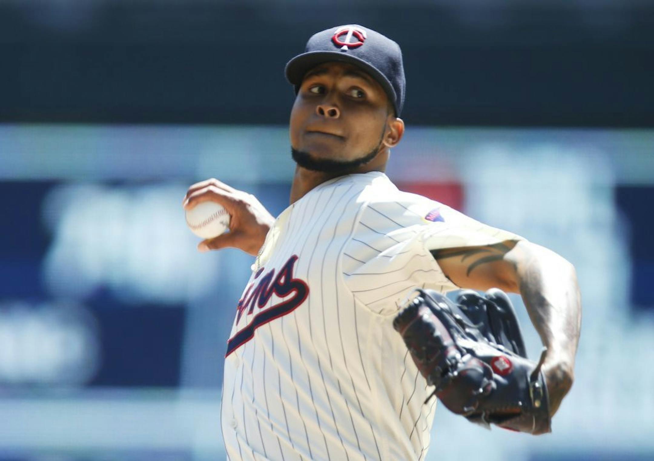 Minnesota Twins pitcher Ervin Santana throws against the Oakland Athletics in the first inning of a baseball game Wednesday, July 6, 2016, in Minneapolis.